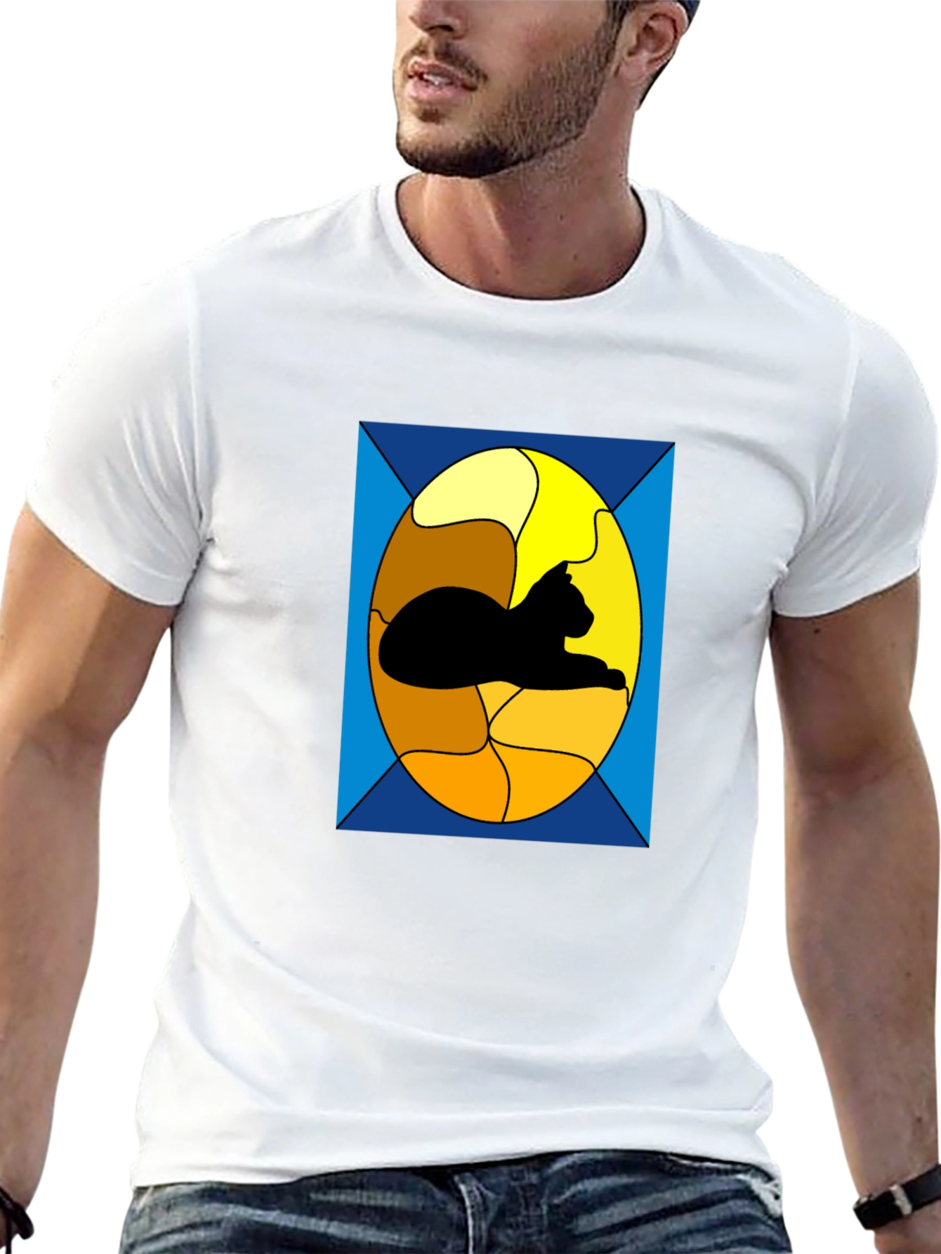 Stained Glass Cat Graphic Tee - Black Casual T-Shirt
