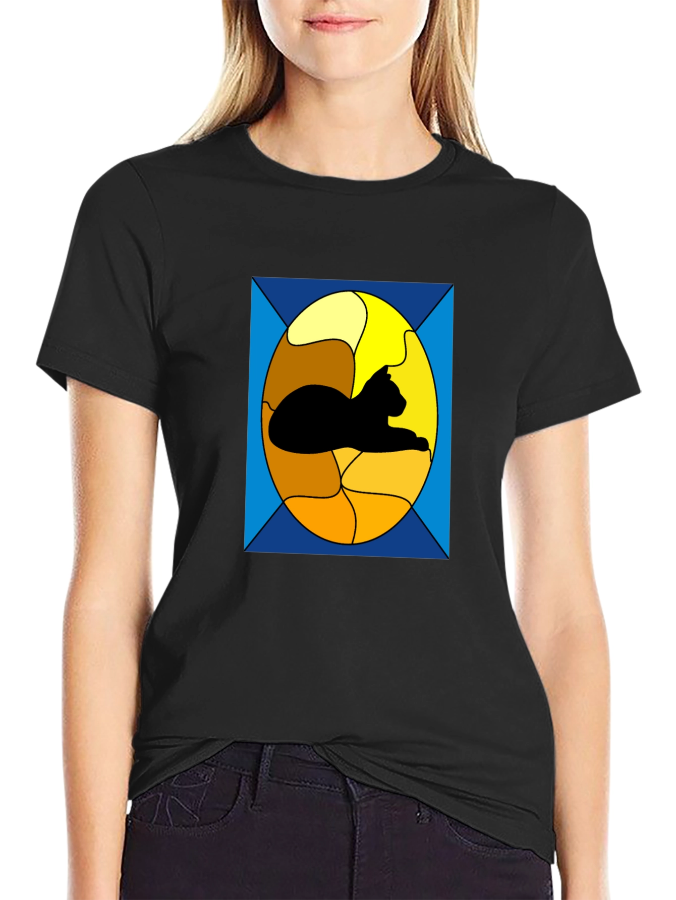 Stained Glass Cat Graphic Tee - Black Casual T-Shirt