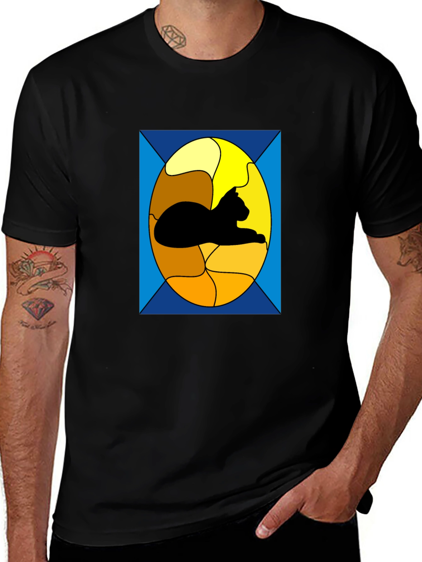 Stained Glass Cat Graphic Tee - Black Casual T-Shirt