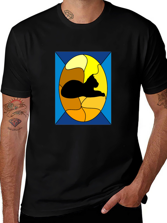 Stained Glass Cat Graphic Tee - Black Casual T-Shirt