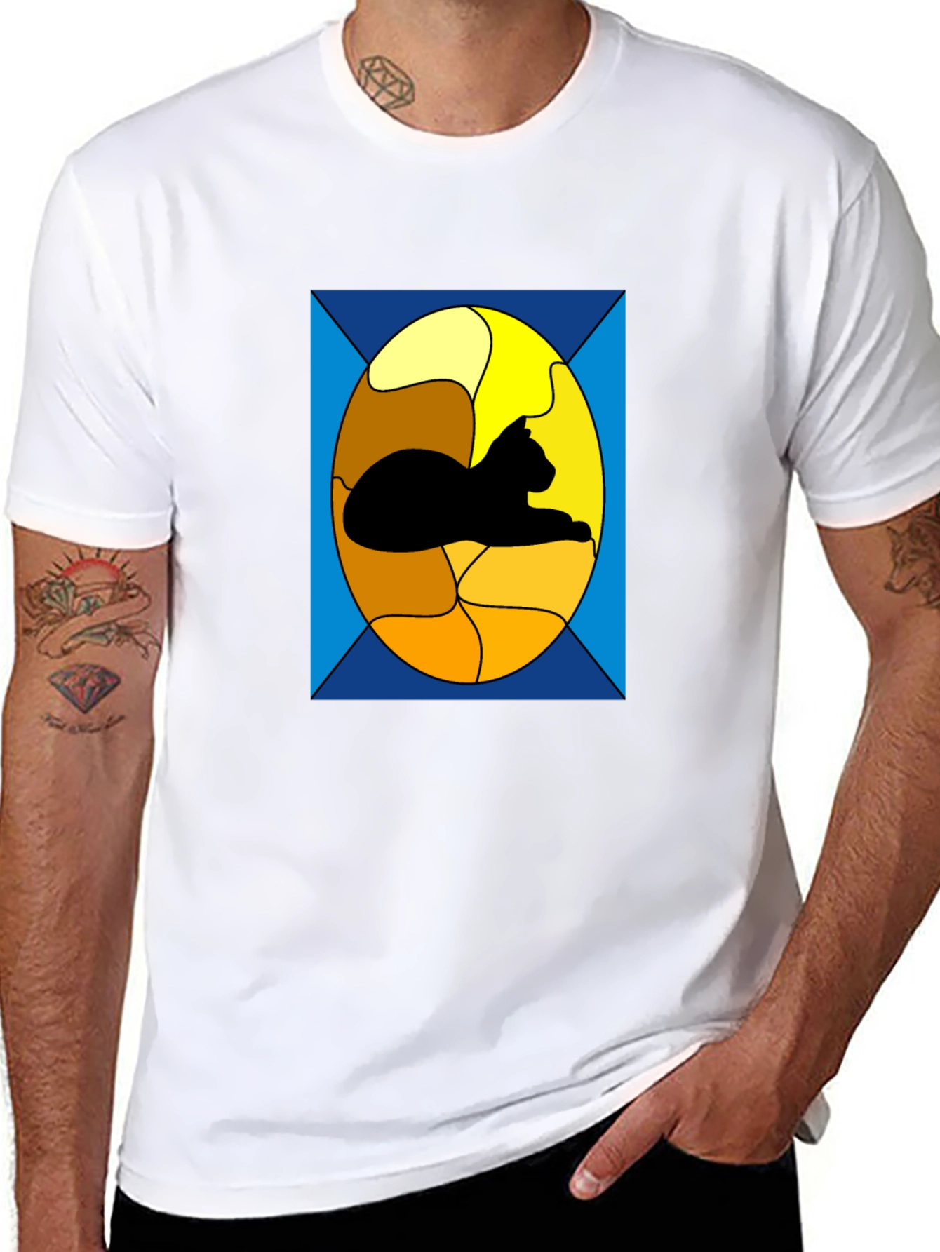Stained Glass Cat Graphic Tee - Black Casual T-Shirt