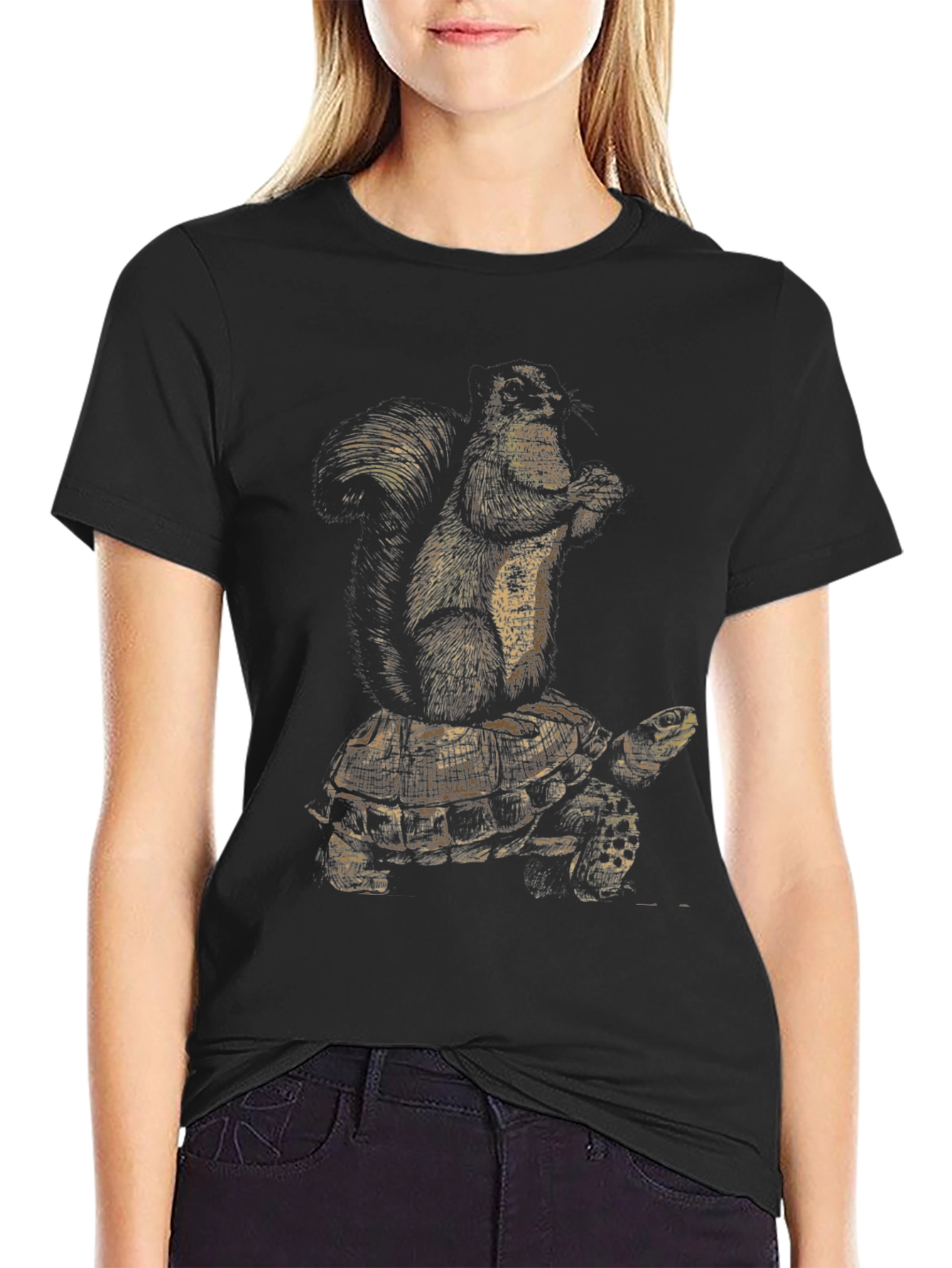 Squirrel Riding Turtle Black Graphic Tee