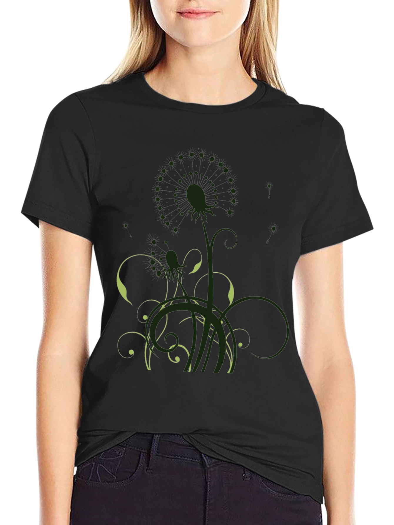 Mens Black T-Shirt with Artistic Floral Graphic
