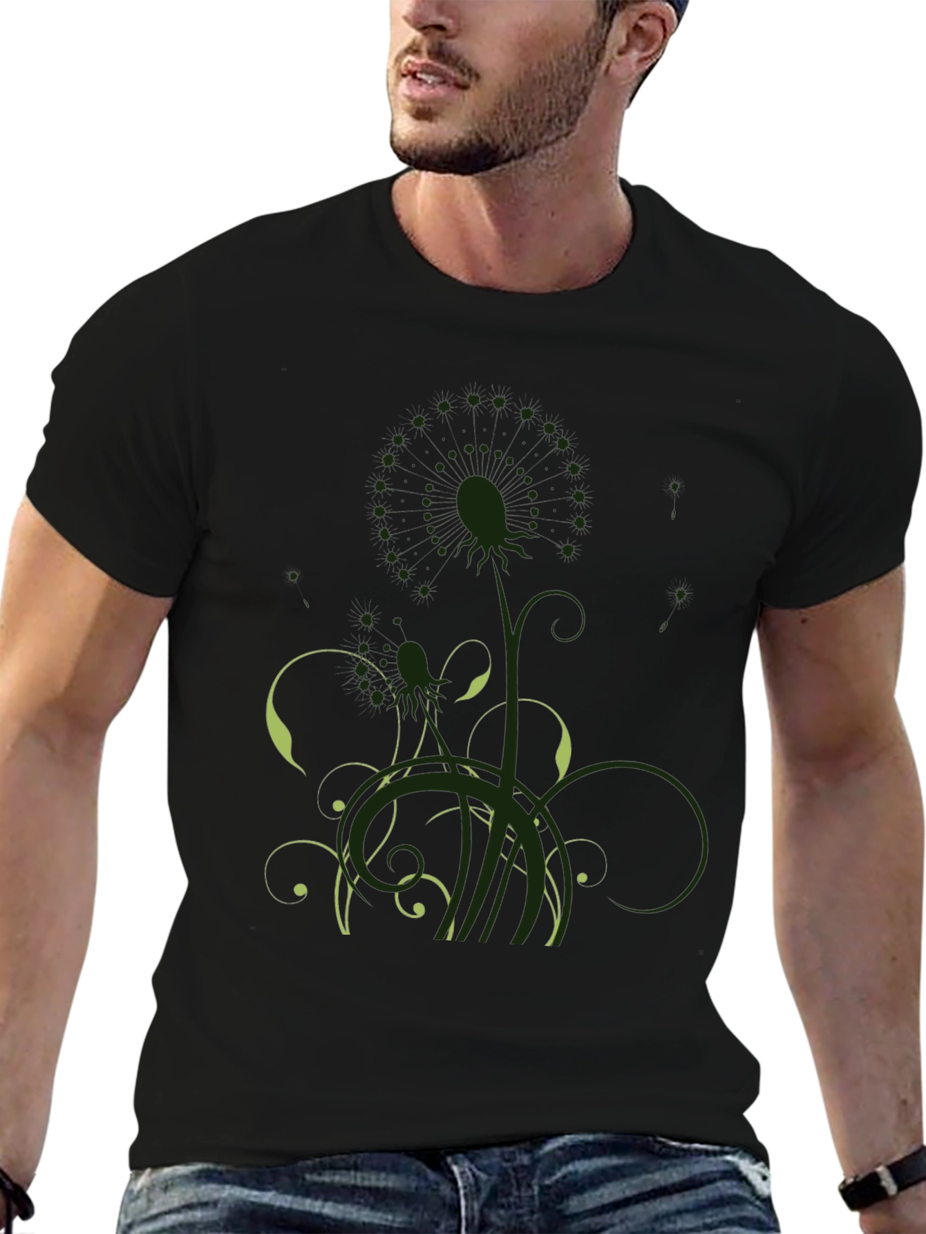 Mens Black T-Shirt with Artistic Floral Graphic