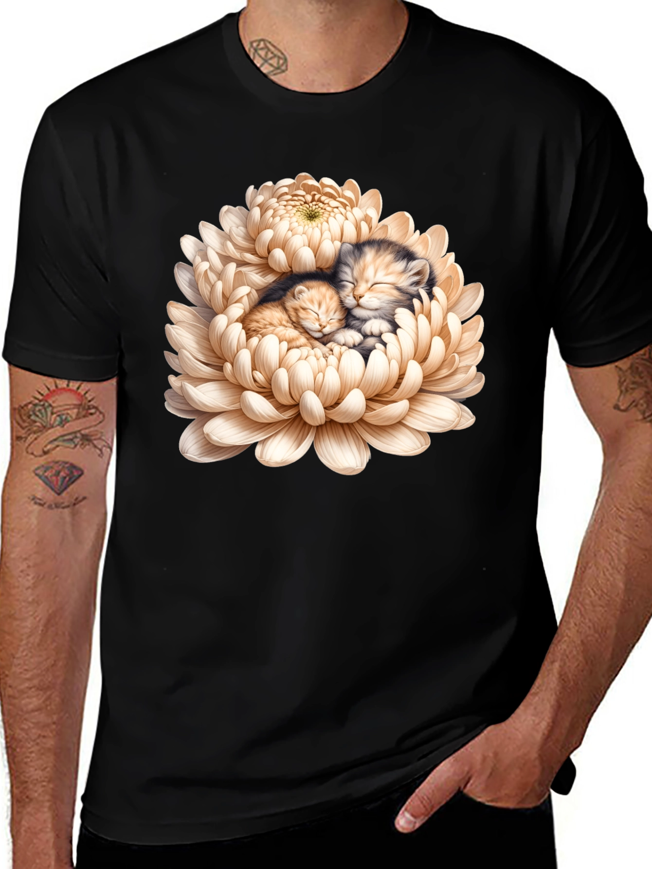 Kitten Chrysanthemum Black T-Shirt