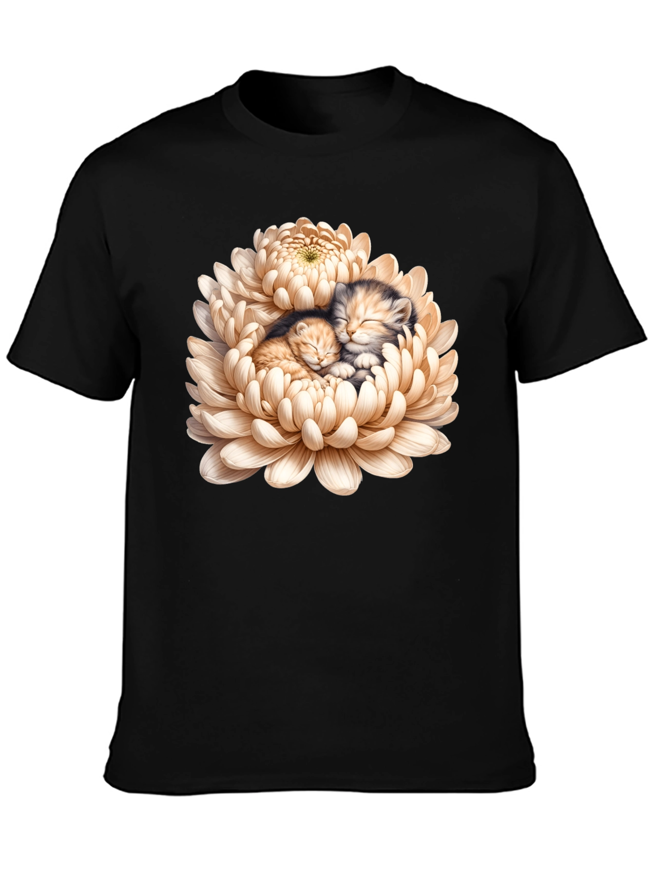 Kitten Chrysanthemum Black T-Shirt