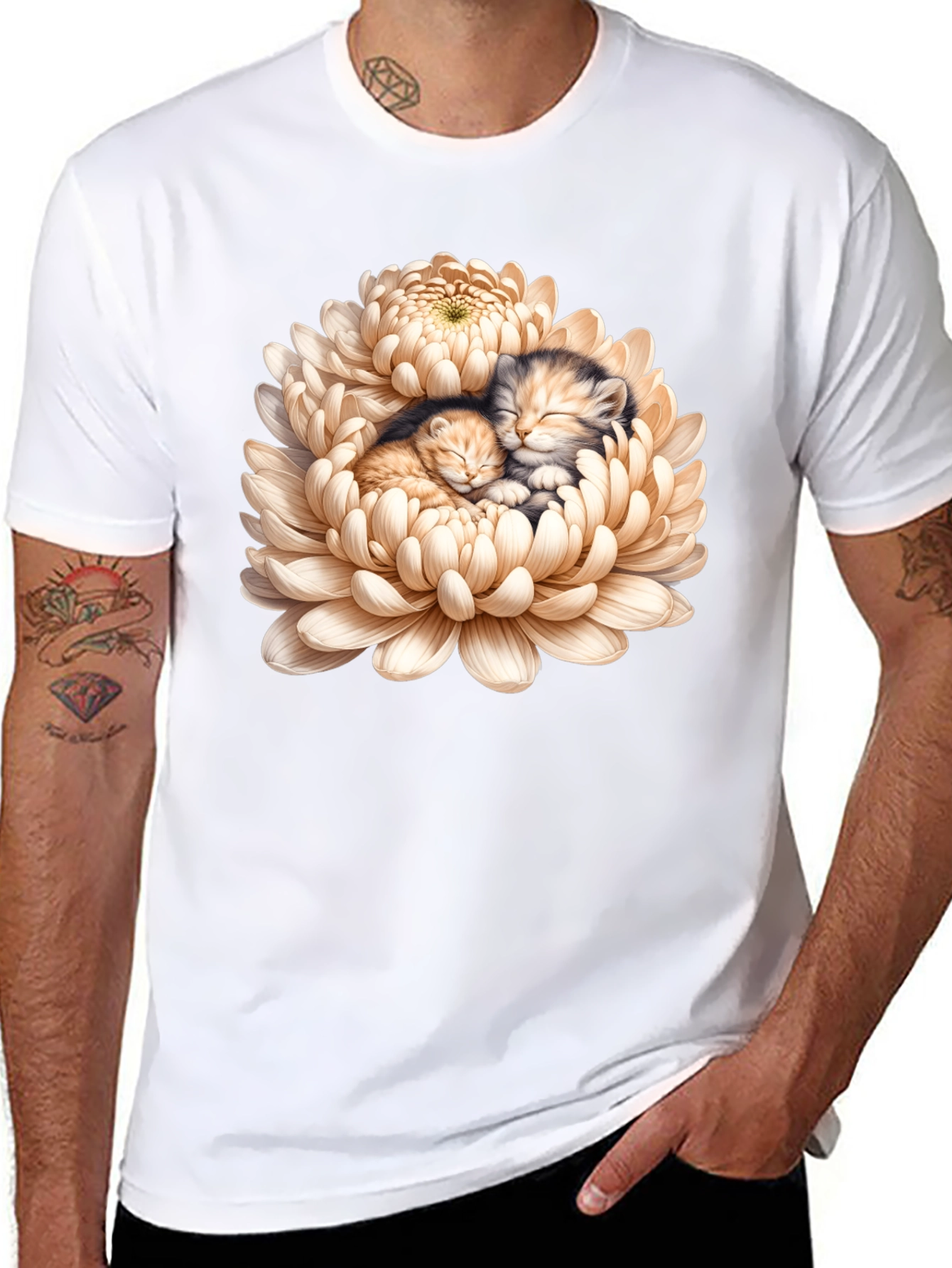 Kitten Chrysanthemum Black T-Shirt