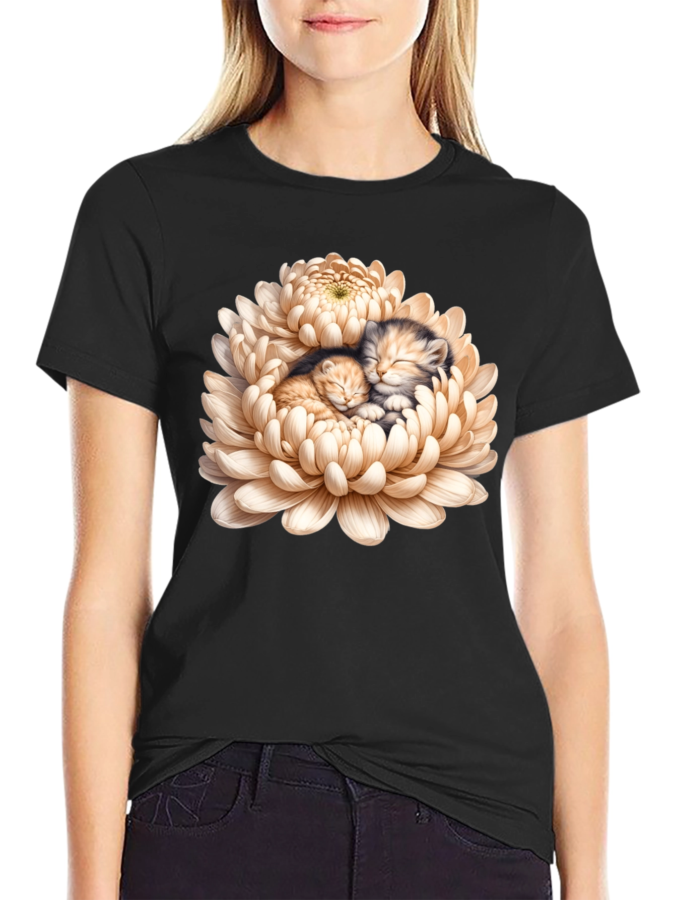 Kitten Chrysanthemum Black T-Shirt