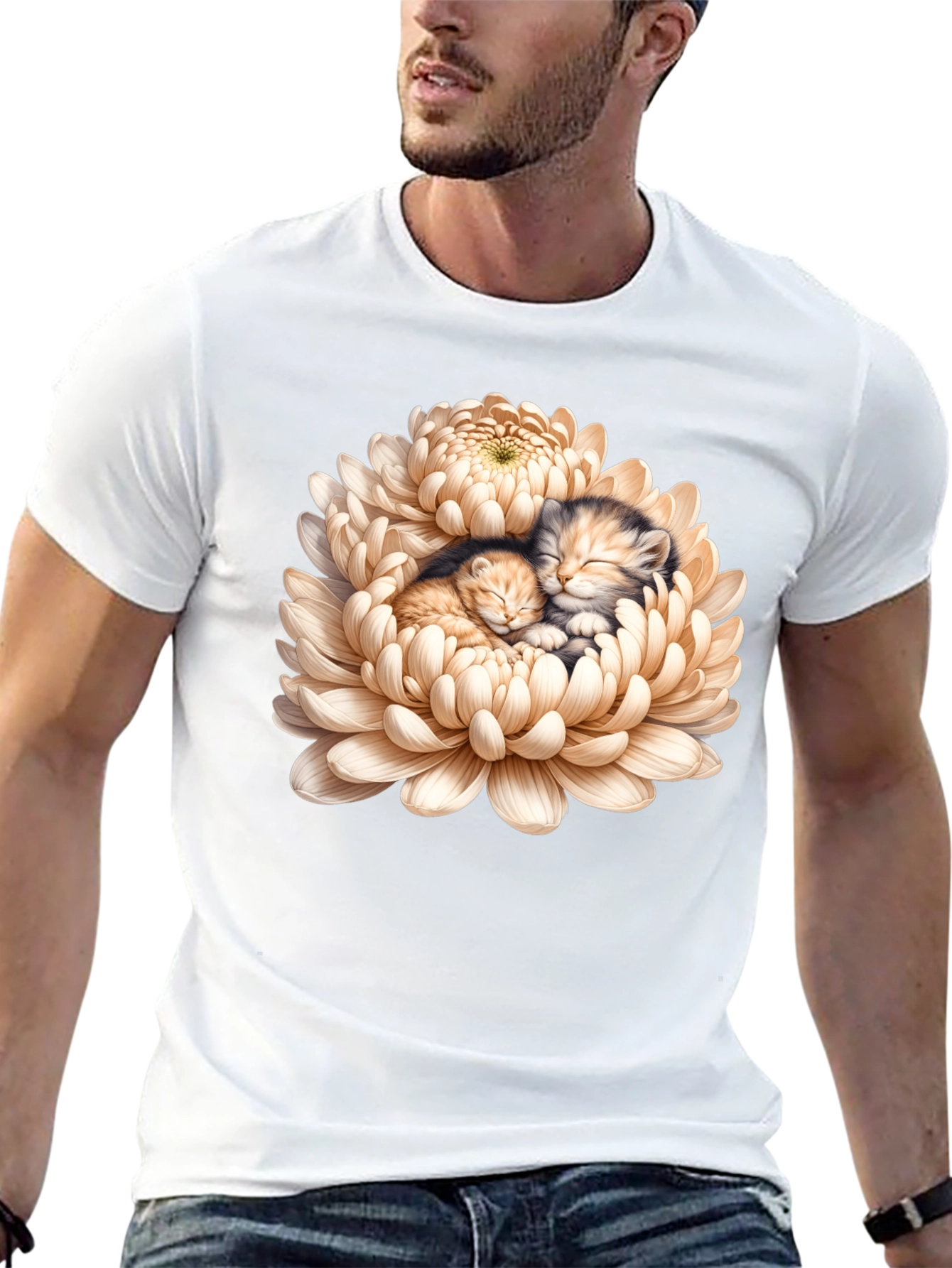 Kitten Chrysanthemum Black T-Shirt