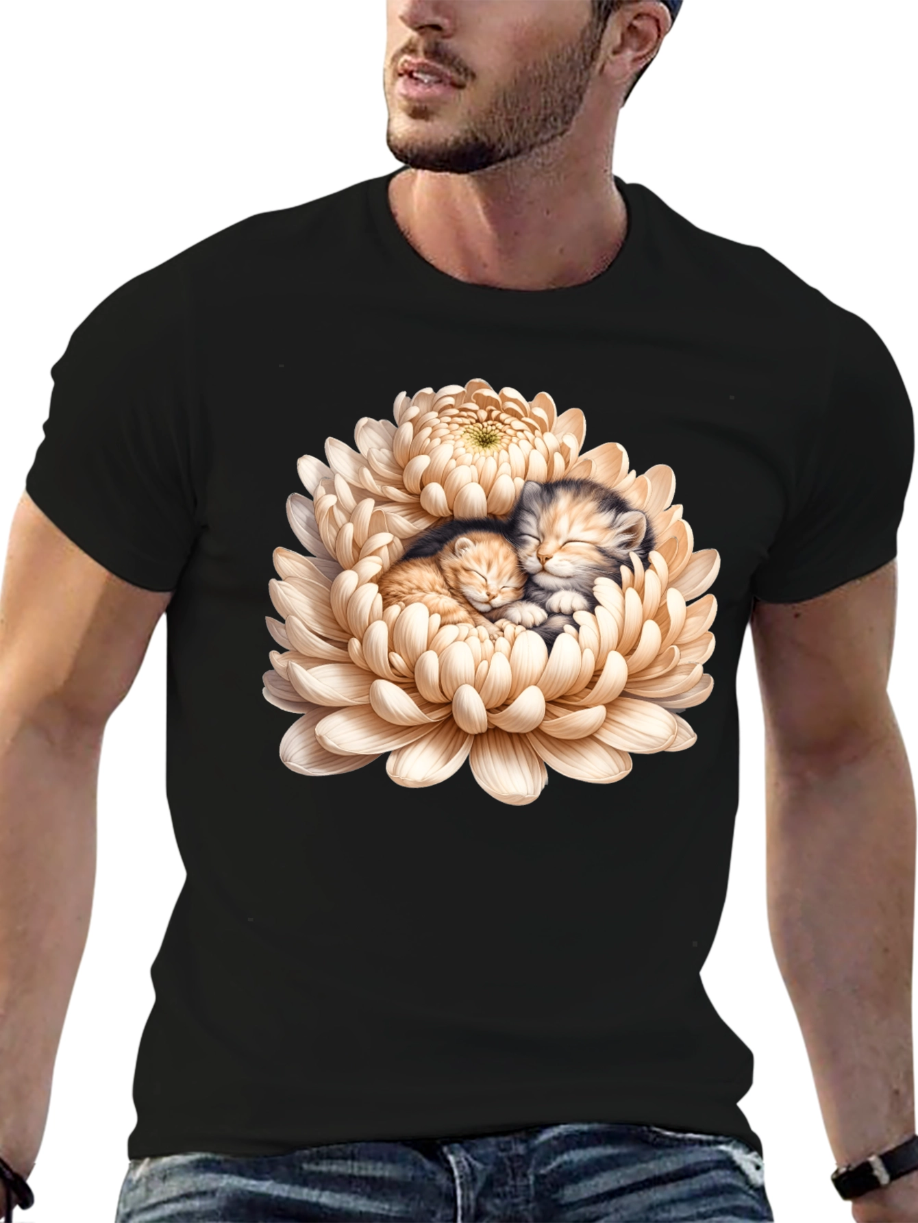 Kitten Chrysanthemum Black T-Shirt