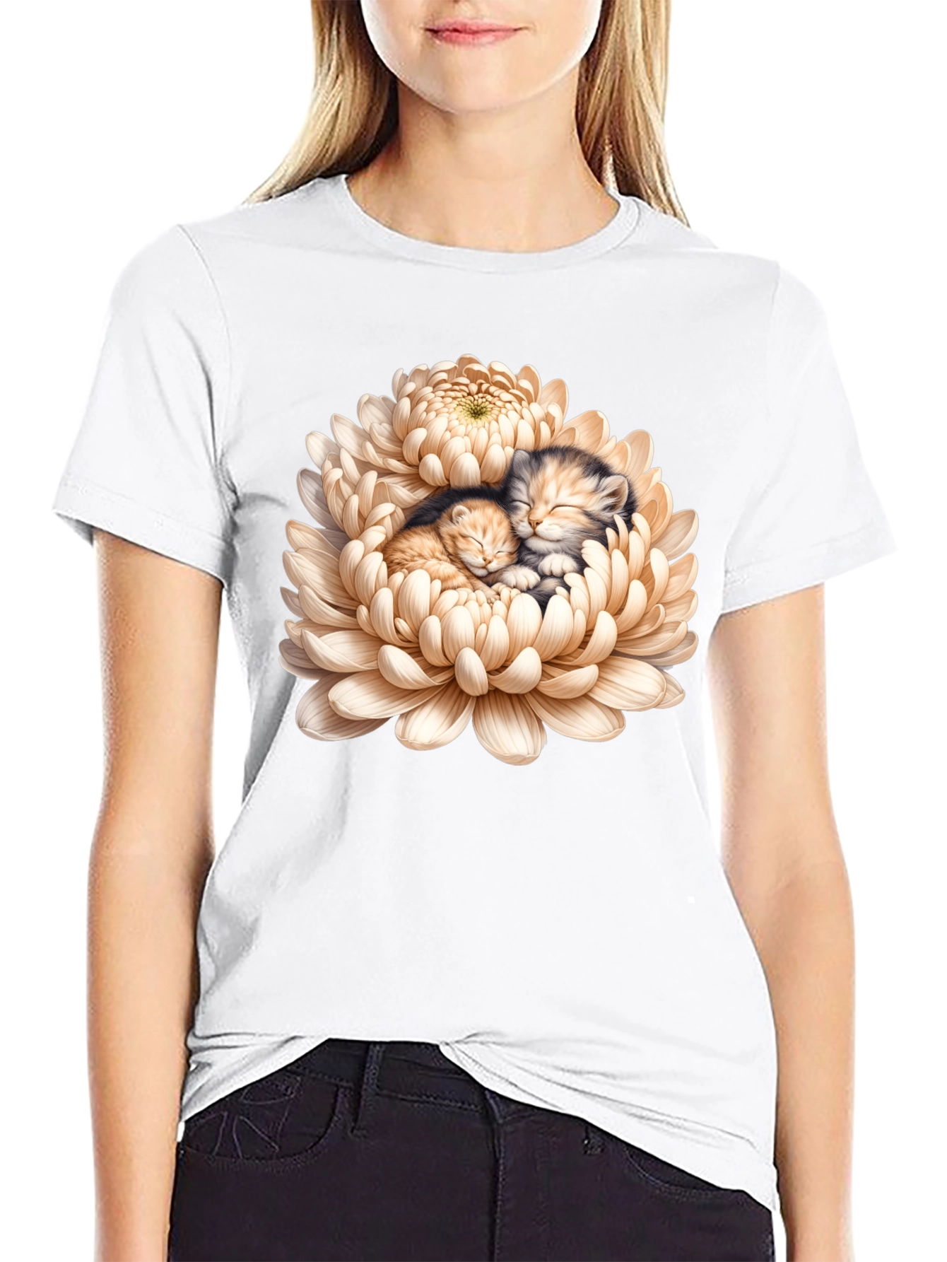 Kitten Chrysanthemum Black T-Shirt