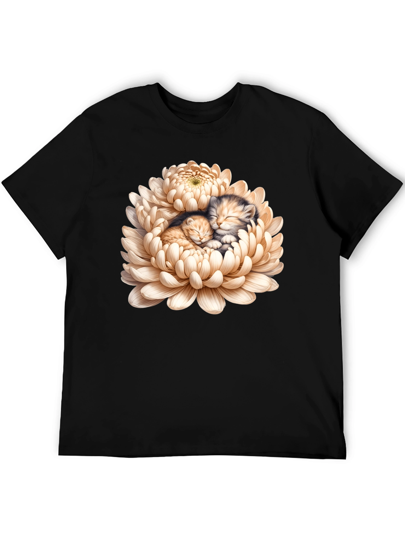 Kitten Chrysanthemum Black T-Shirt