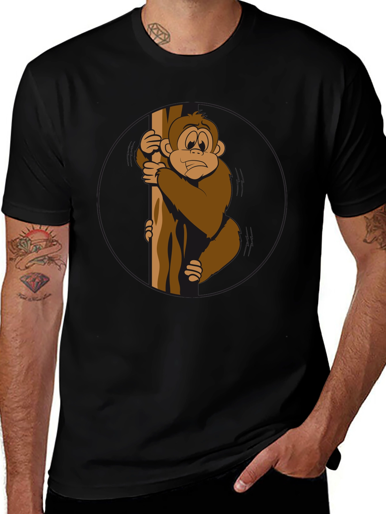 Funny Monkey Holding Tree Black T-Shirt