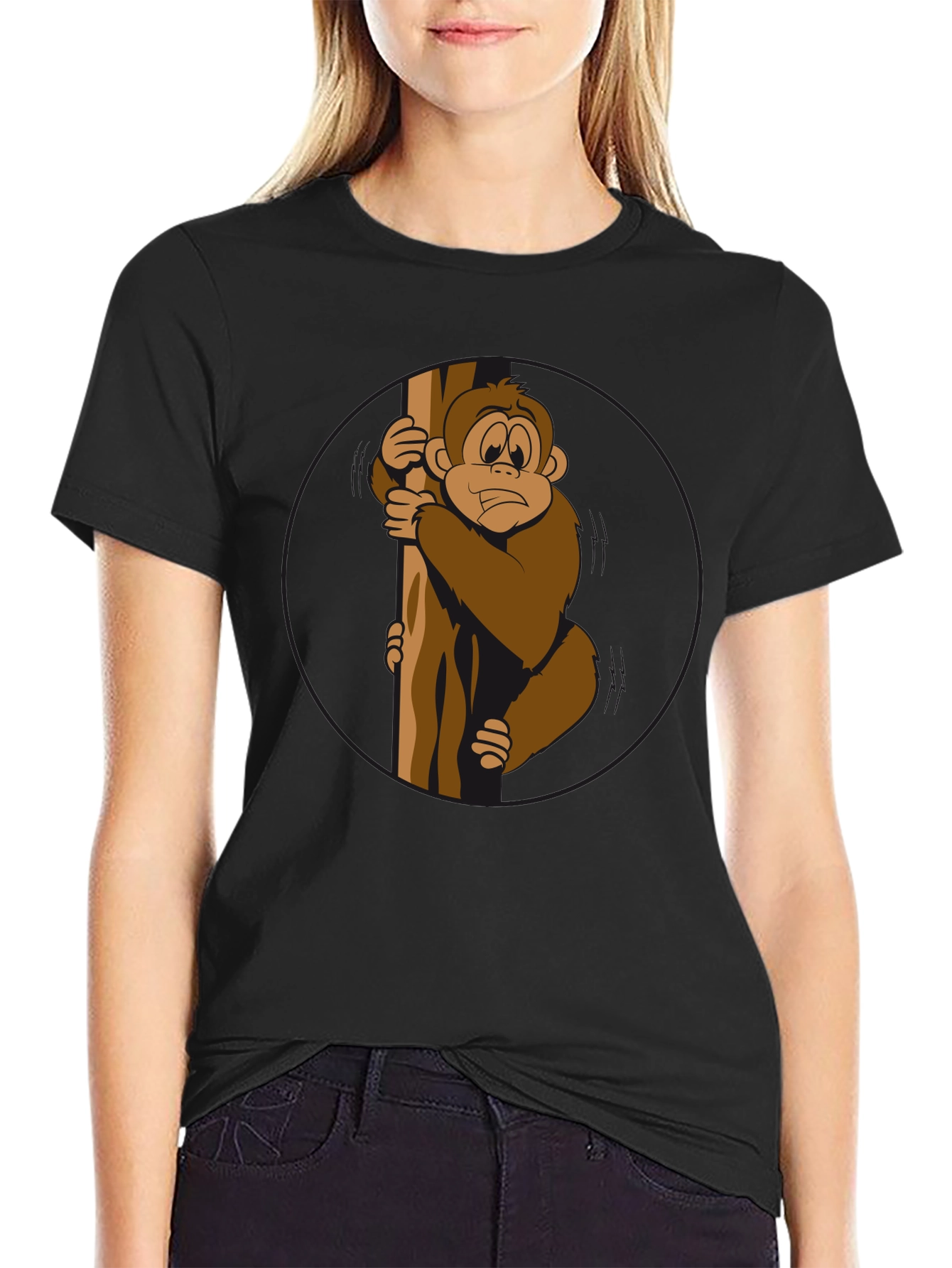 Funny Monkey Holding Tree Black T-Shirt