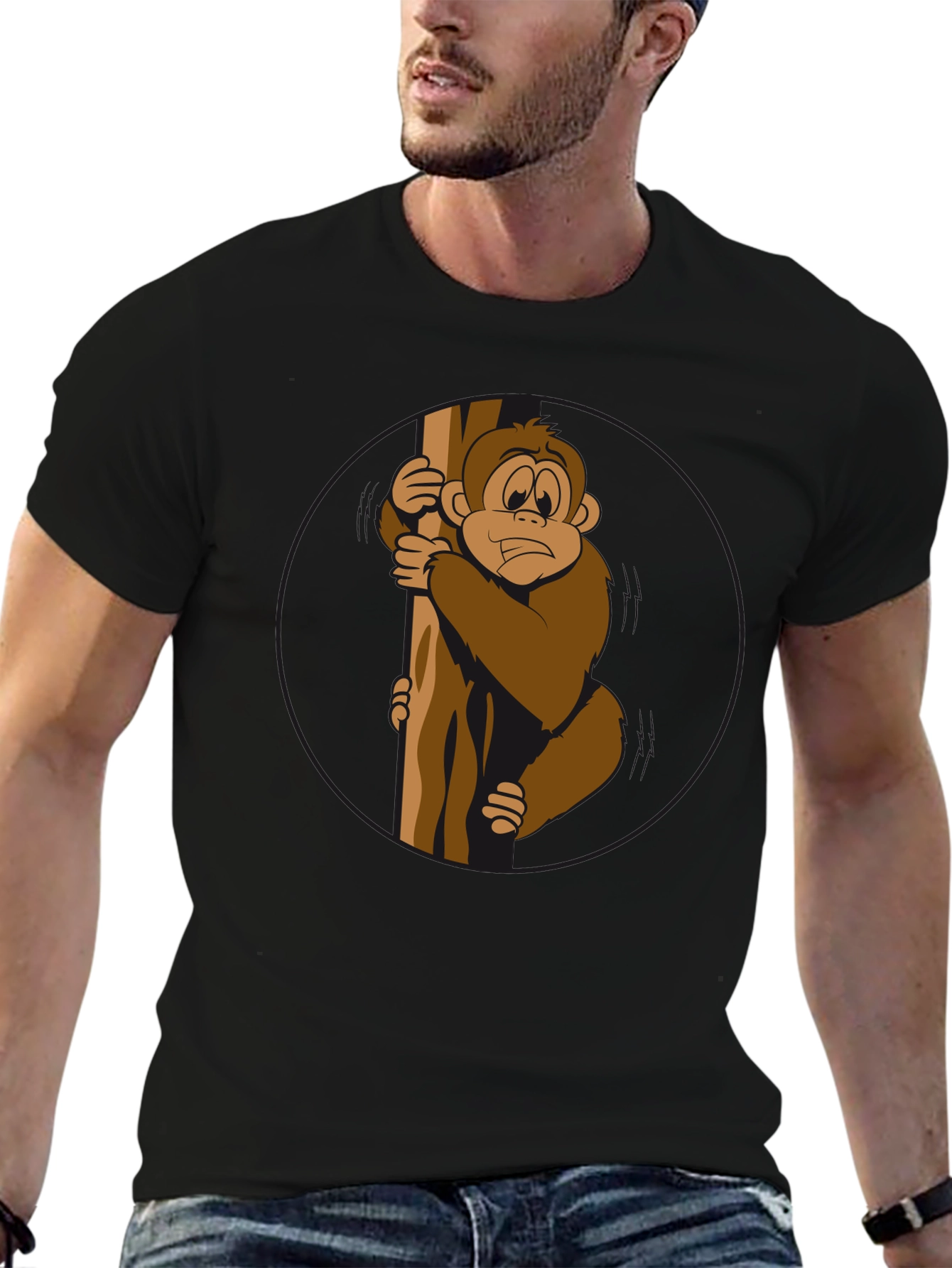 Funny Monkey Holding Tree Black T-Shirt