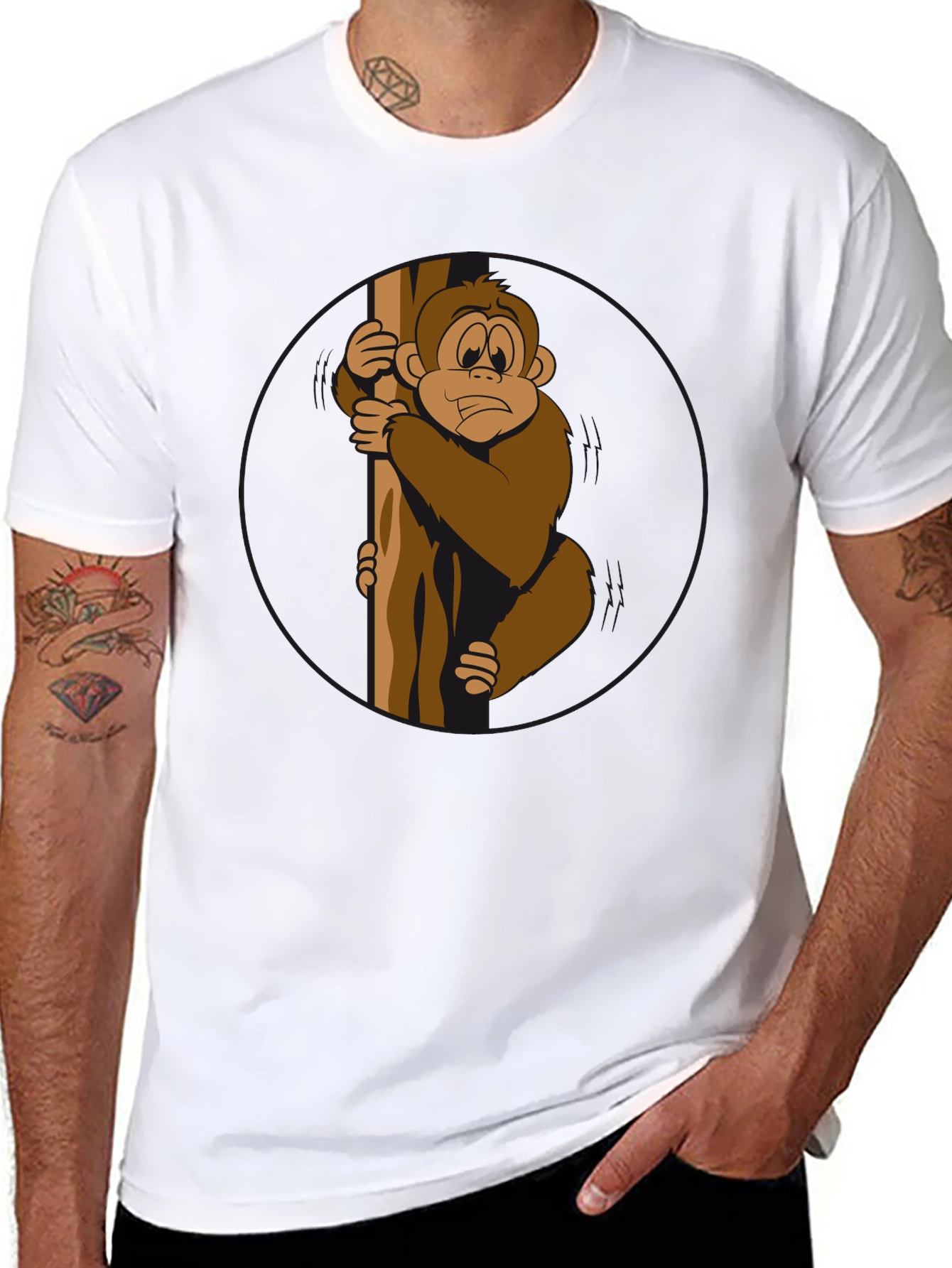 Funny Monkey Holding Tree Black T-Shirt