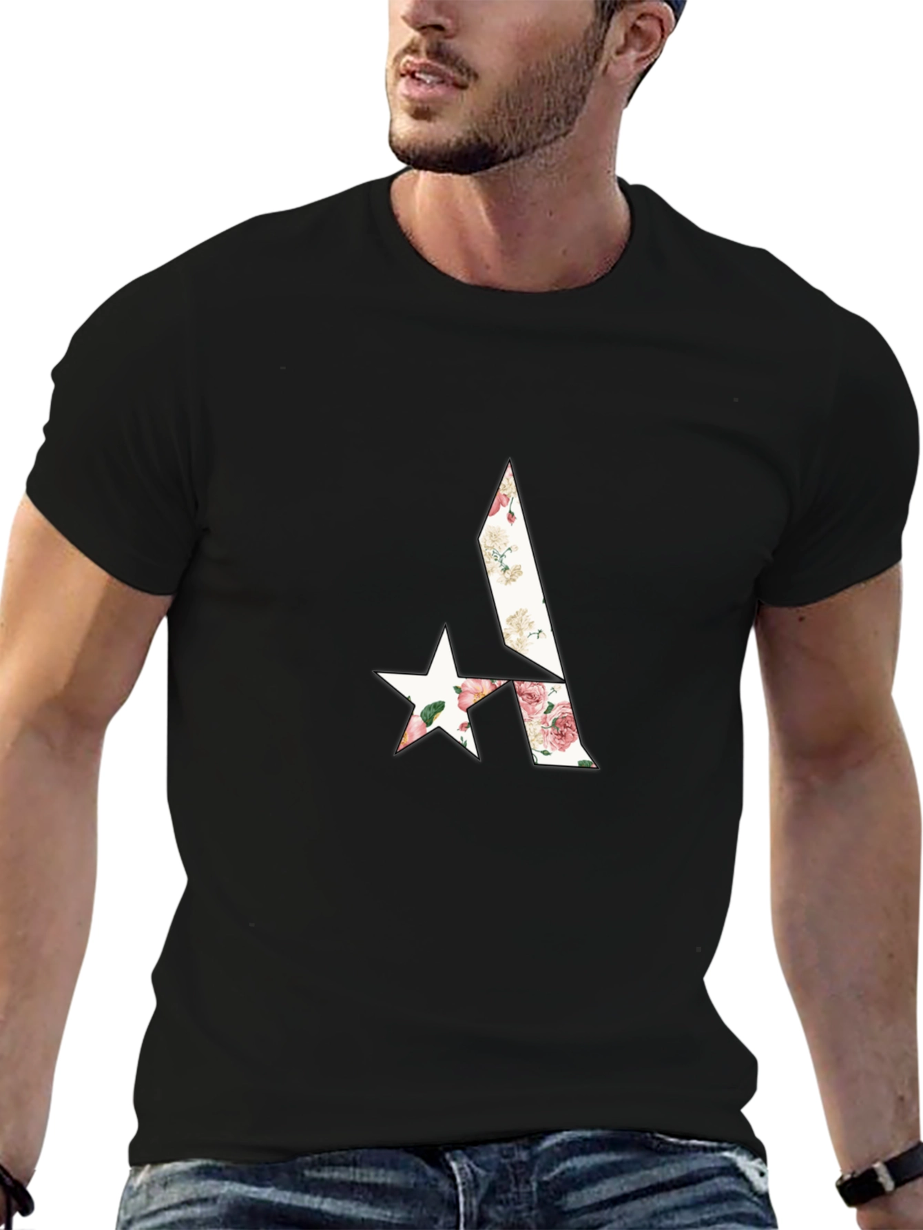 Floral Geometric Graphic Black T-Shirt