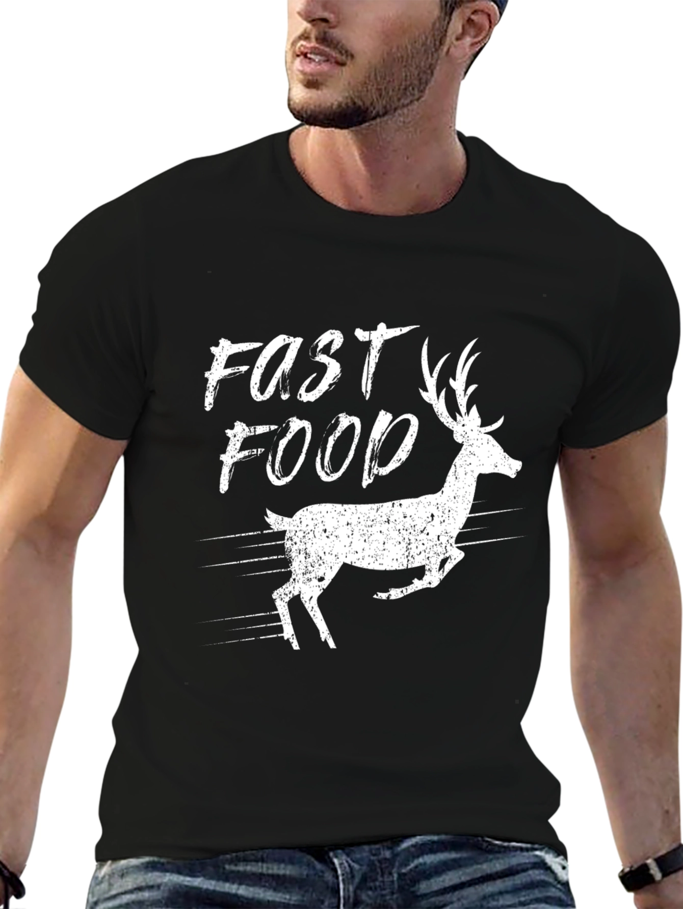 Fast Food Deer Graphic Tee - Black Cotton T-Shirt