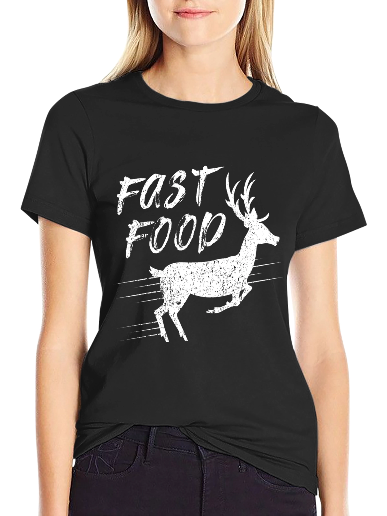 Fast Food Deer Graphic Tee - Black Cotton T-Shirt