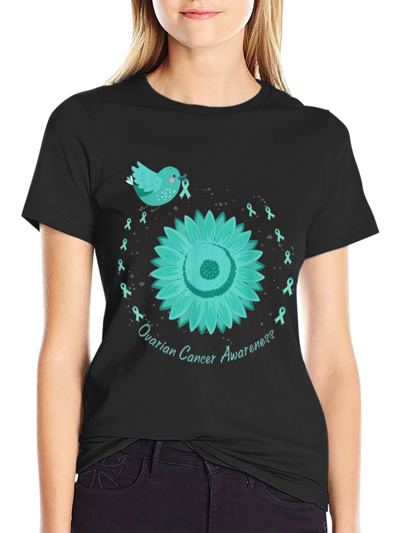 Ovarian Cancer Awareness T-Shirt with Teal Ribbon Sunflower