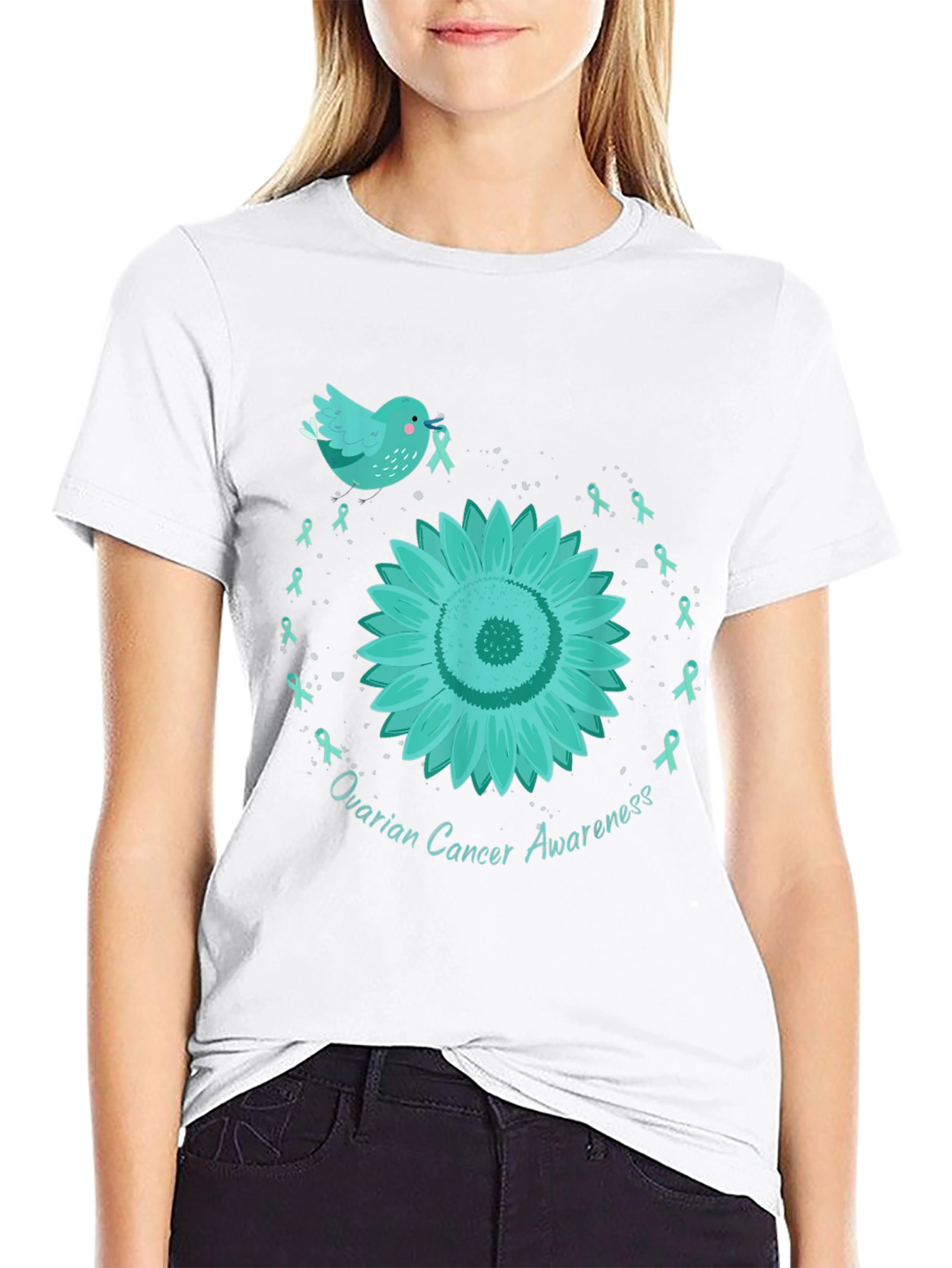 Ovarian Cancer Awareness T-Shirt with Teal Ribbon Sunflower