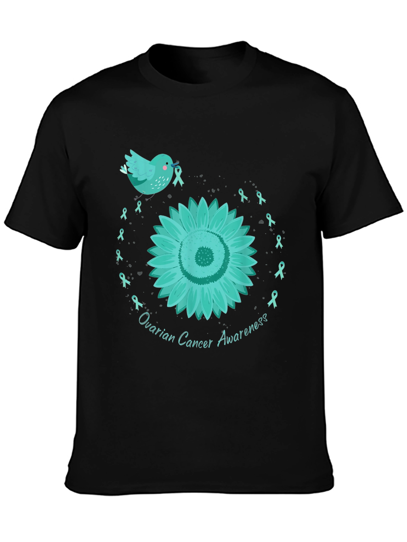 Ovarian Cancer Awareness T-Shirt with Teal Ribbon Sunflower