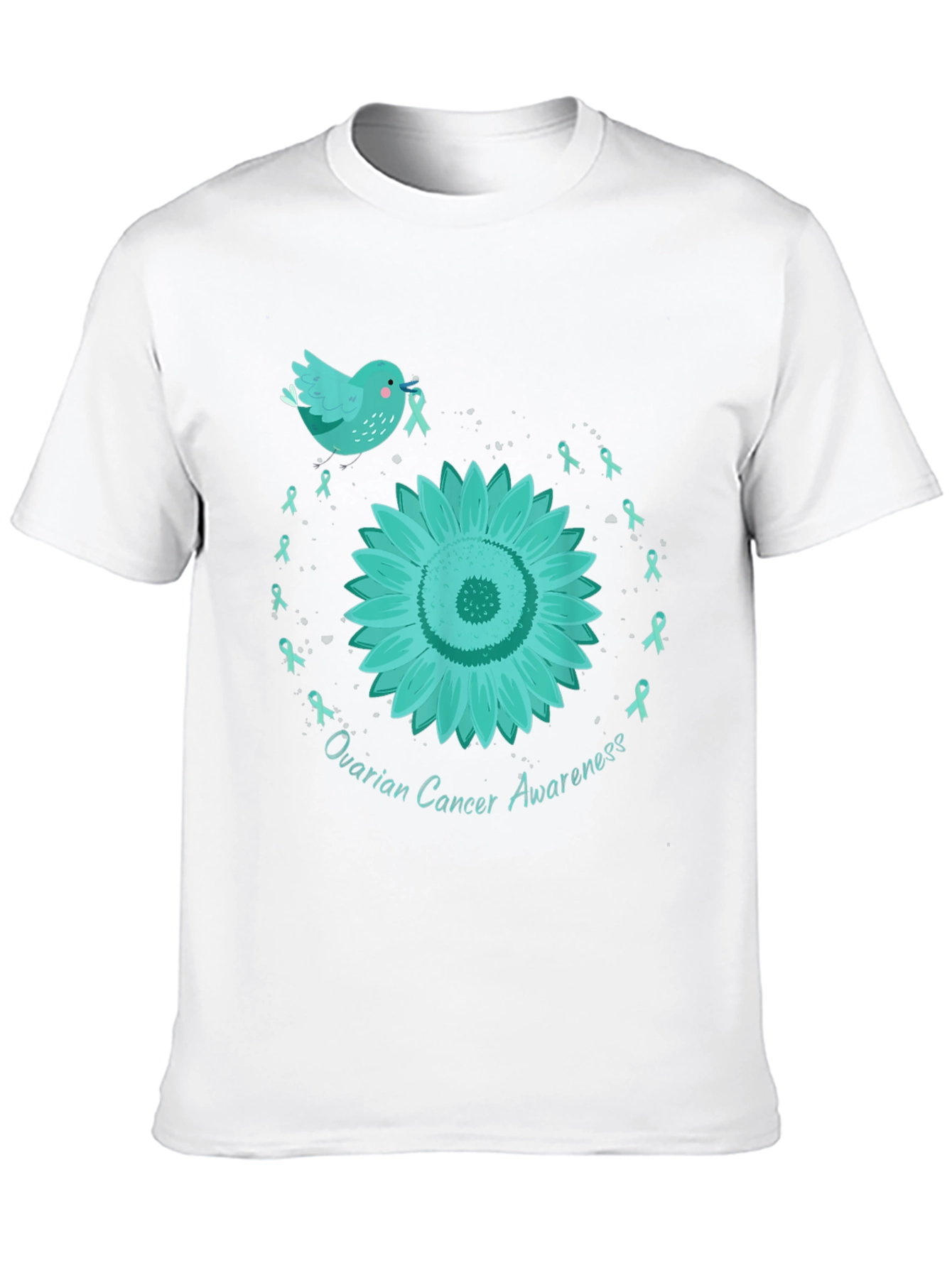 Ovarian Cancer Awareness T-Shirt with Teal Ribbon Sunflower