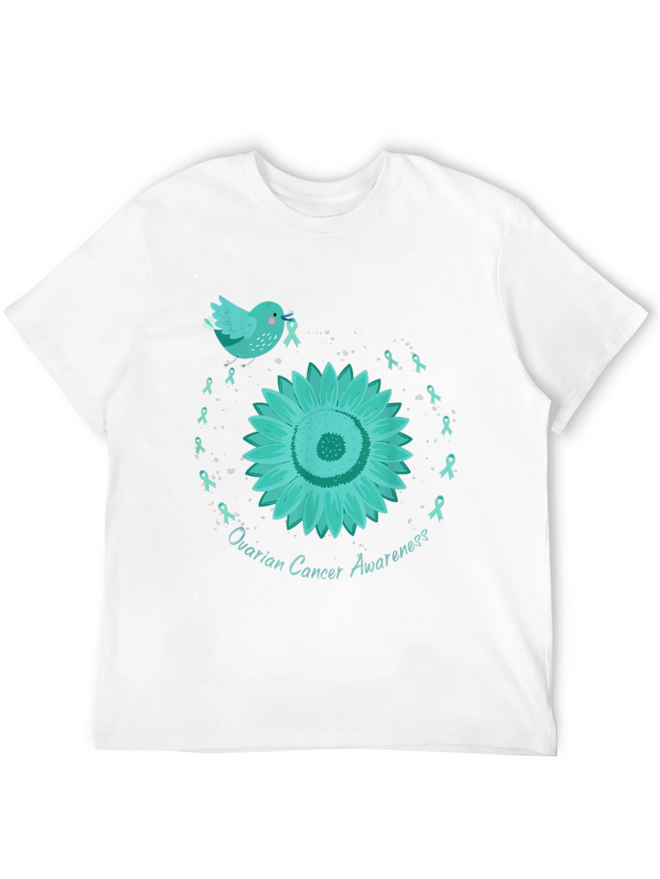 Ovarian Cancer Awareness T-Shirt with Teal Ribbon Sunflower
