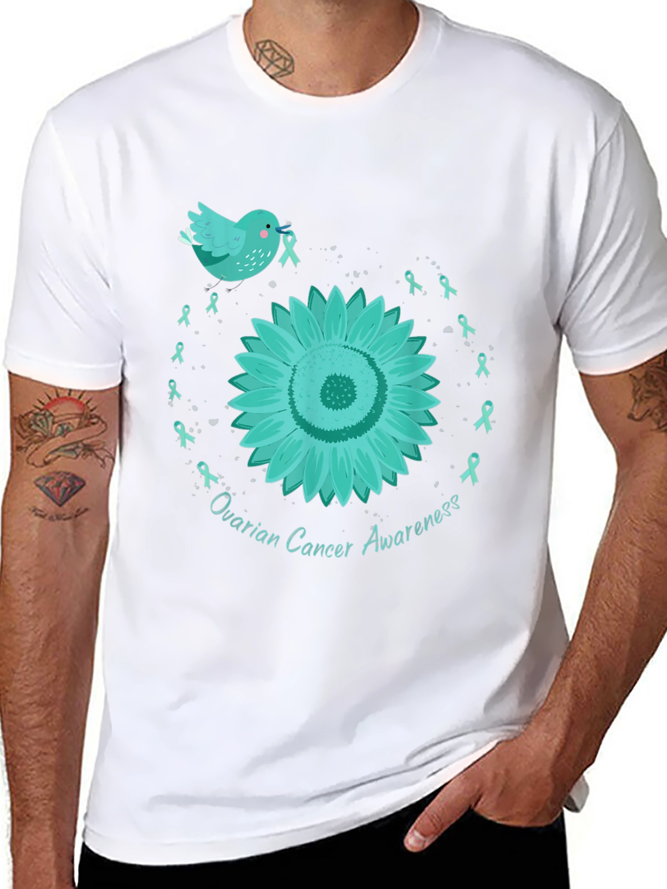 Ovarian Cancer Awareness T-Shirt with Teal Ribbon Sunflower