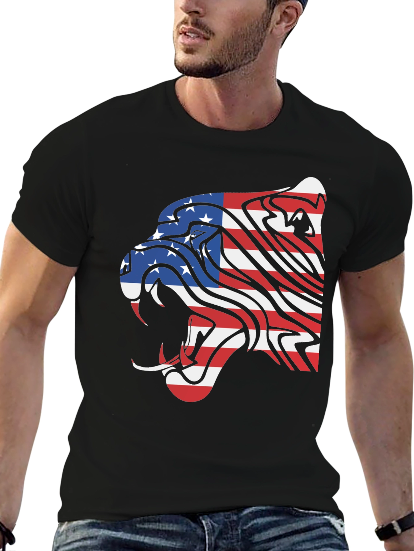 American Flag Lion Graphic Tee - Black