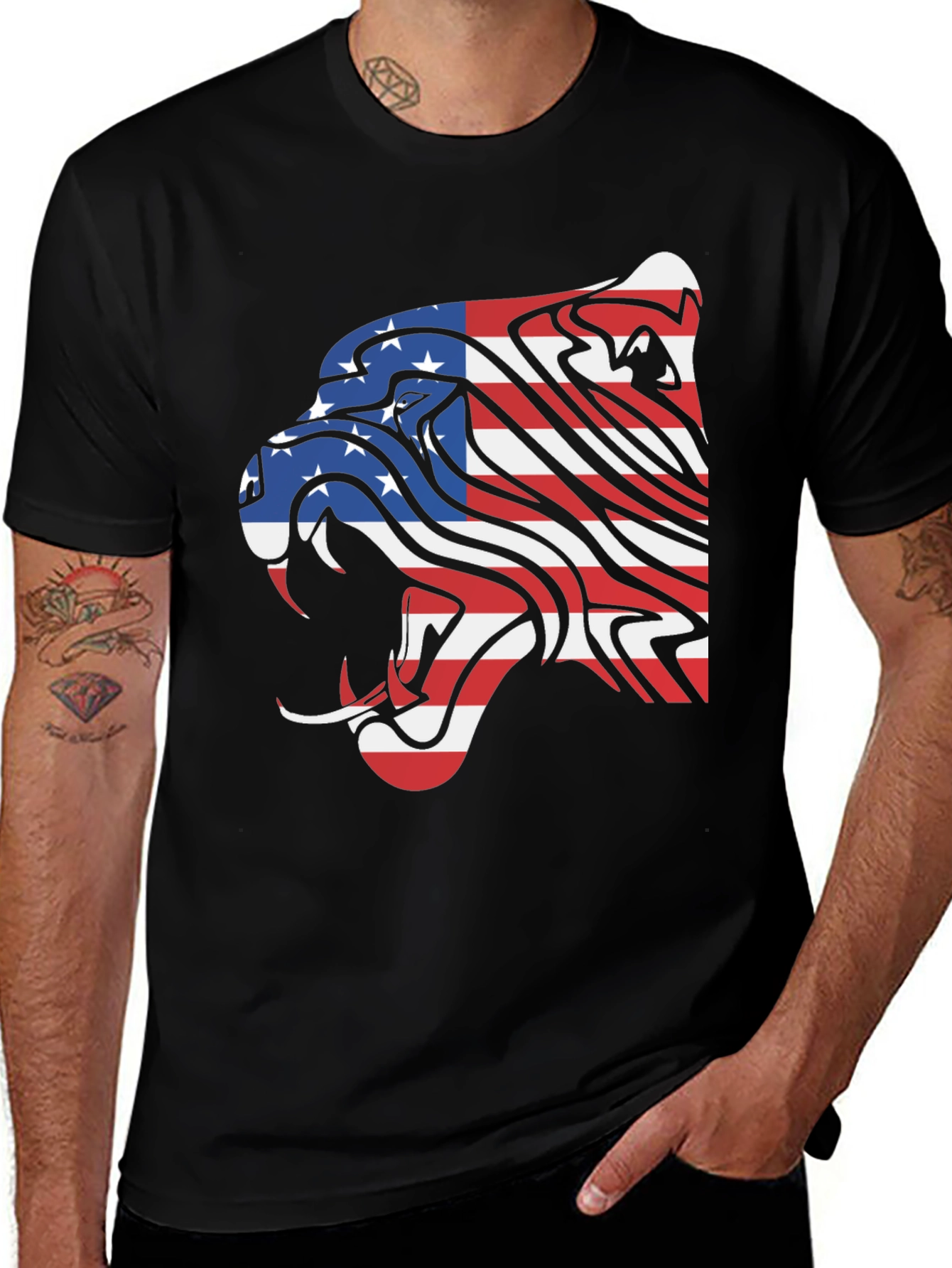 American Flag Lion Graphic Tee - Black