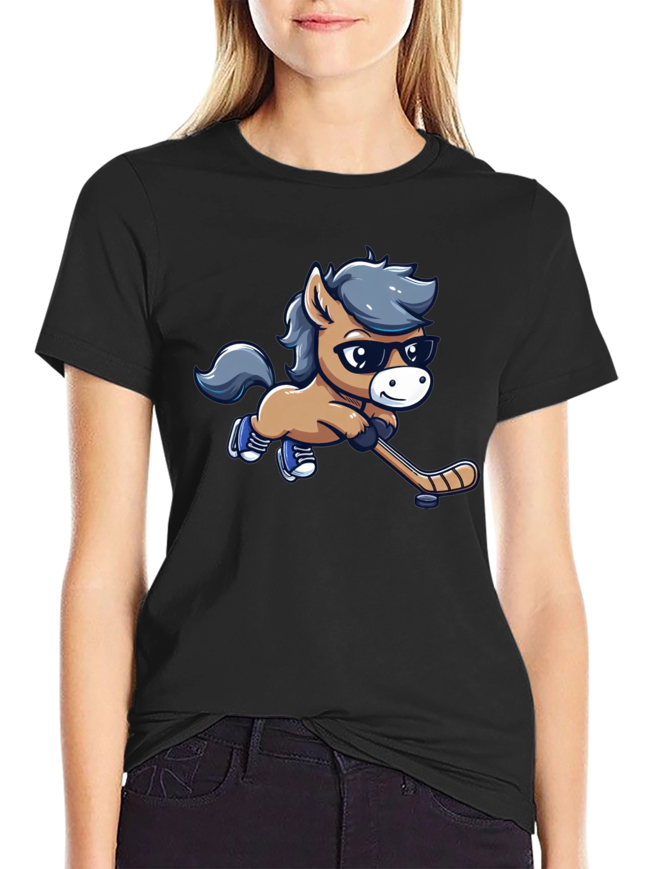 Cartoon Horse Hockey Player Black T-Shirt