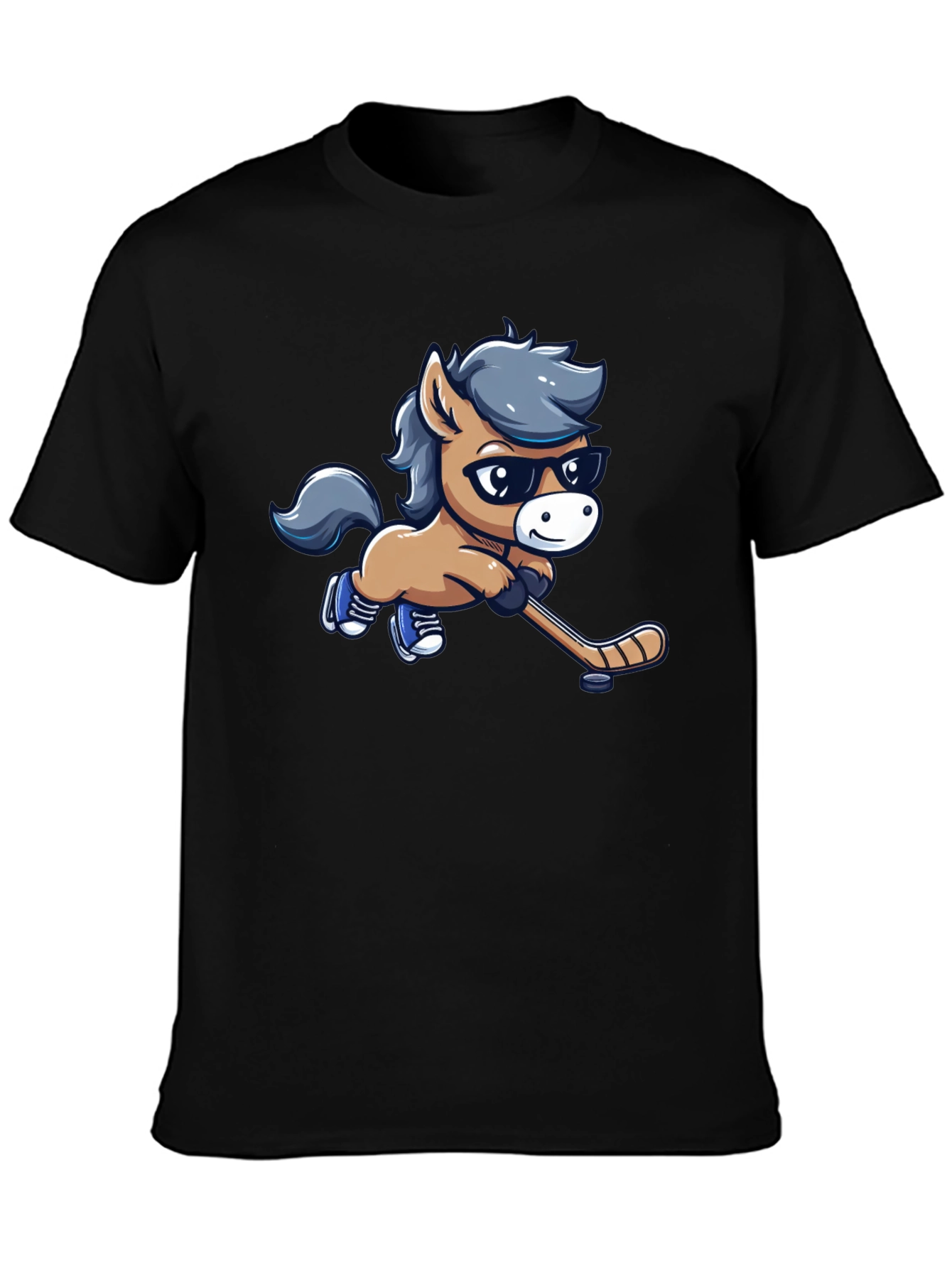 Cartoon Horse Hockey Player Black T-Shirt
