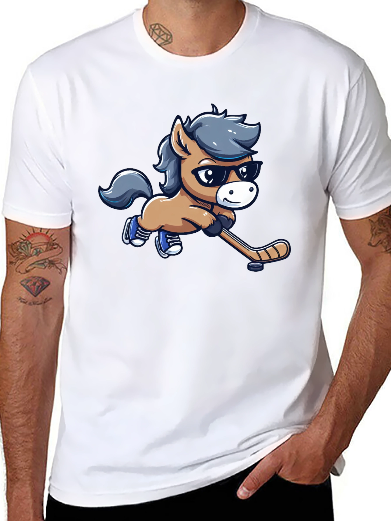 Cartoon Horse Hockey Player Black T-Shirt