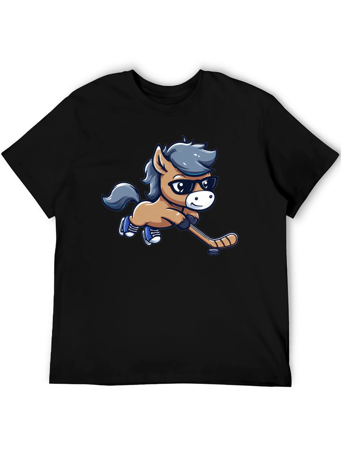 Cartoon Horse Hockey Player Black T-Shirt