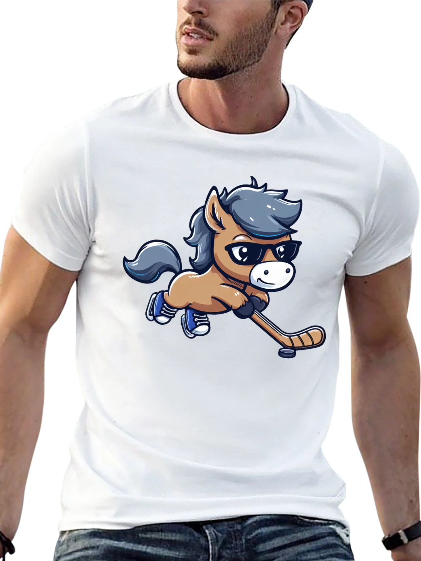 Cartoon Horse Hockey Player Black T-Shirt