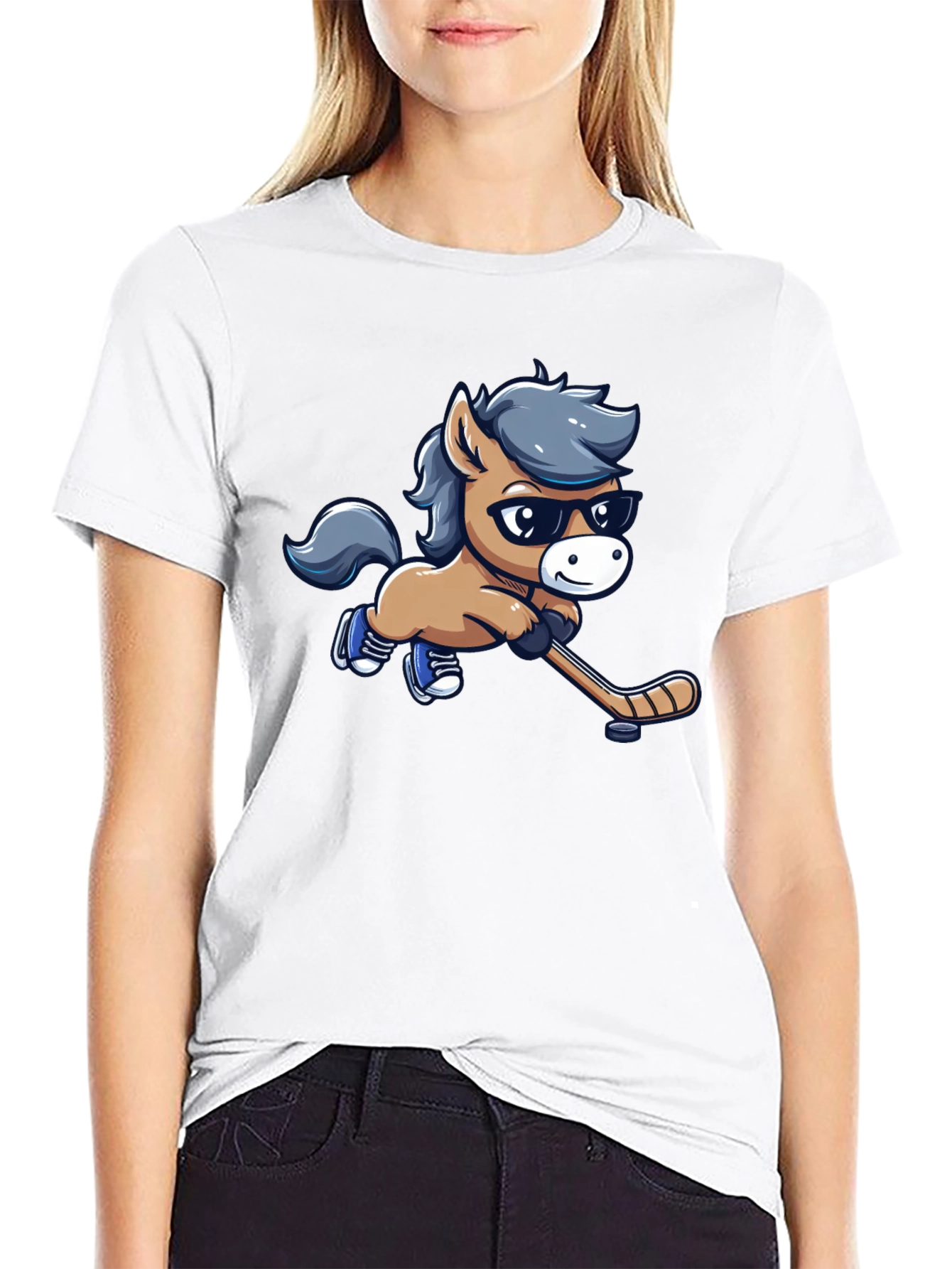Cartoon Horse Hockey Player Black T-Shirt
