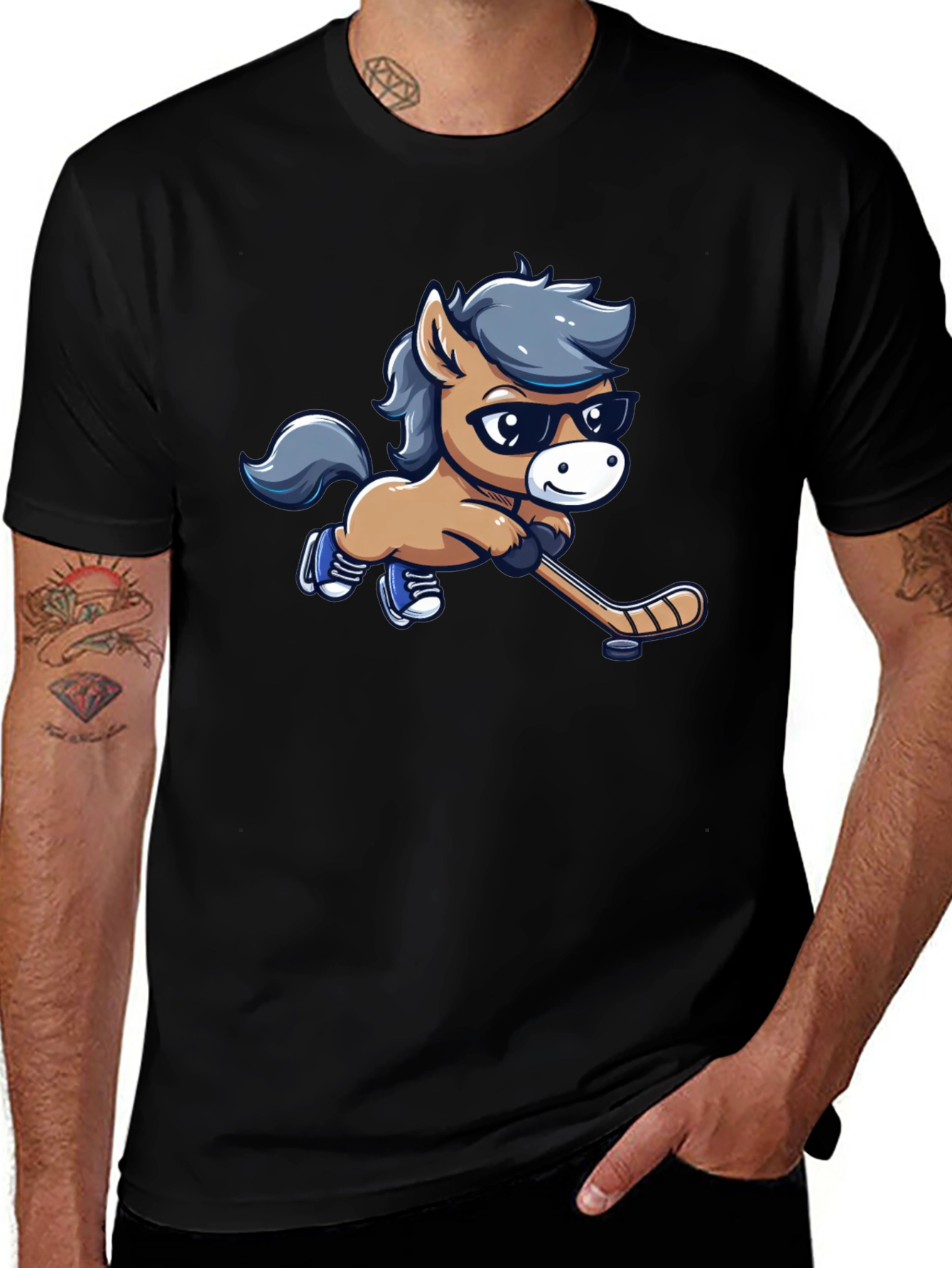 Cartoon Horse Hockey Player Black T-Shirt