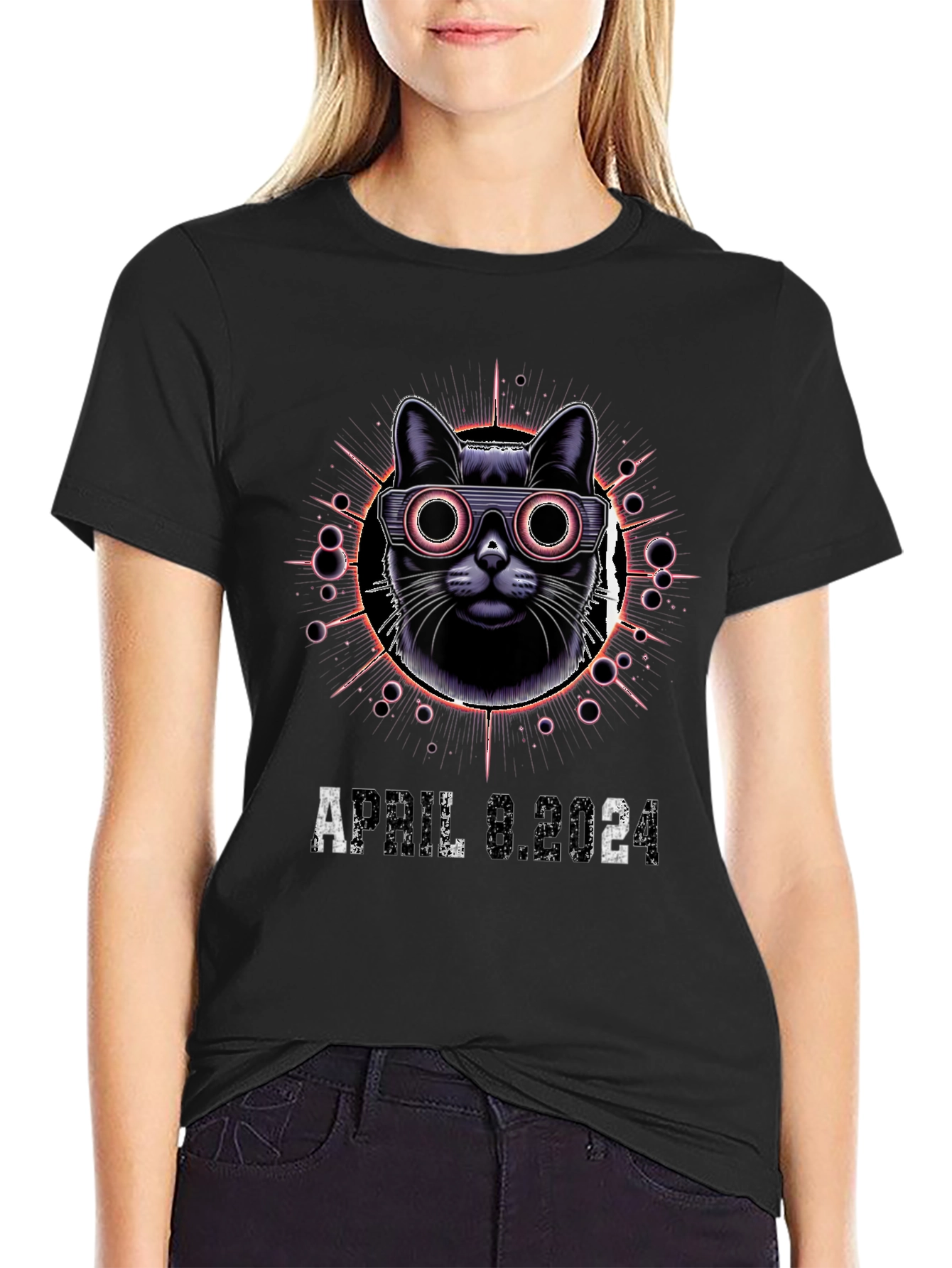 Retro Cat April 8 2024 Black T-Shirt