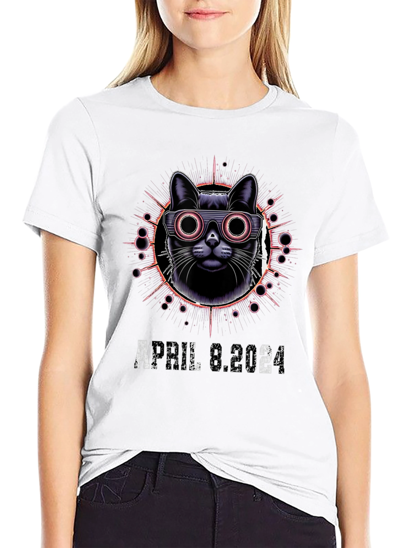 Retro Cat April 8 2024 Black T-Shirt