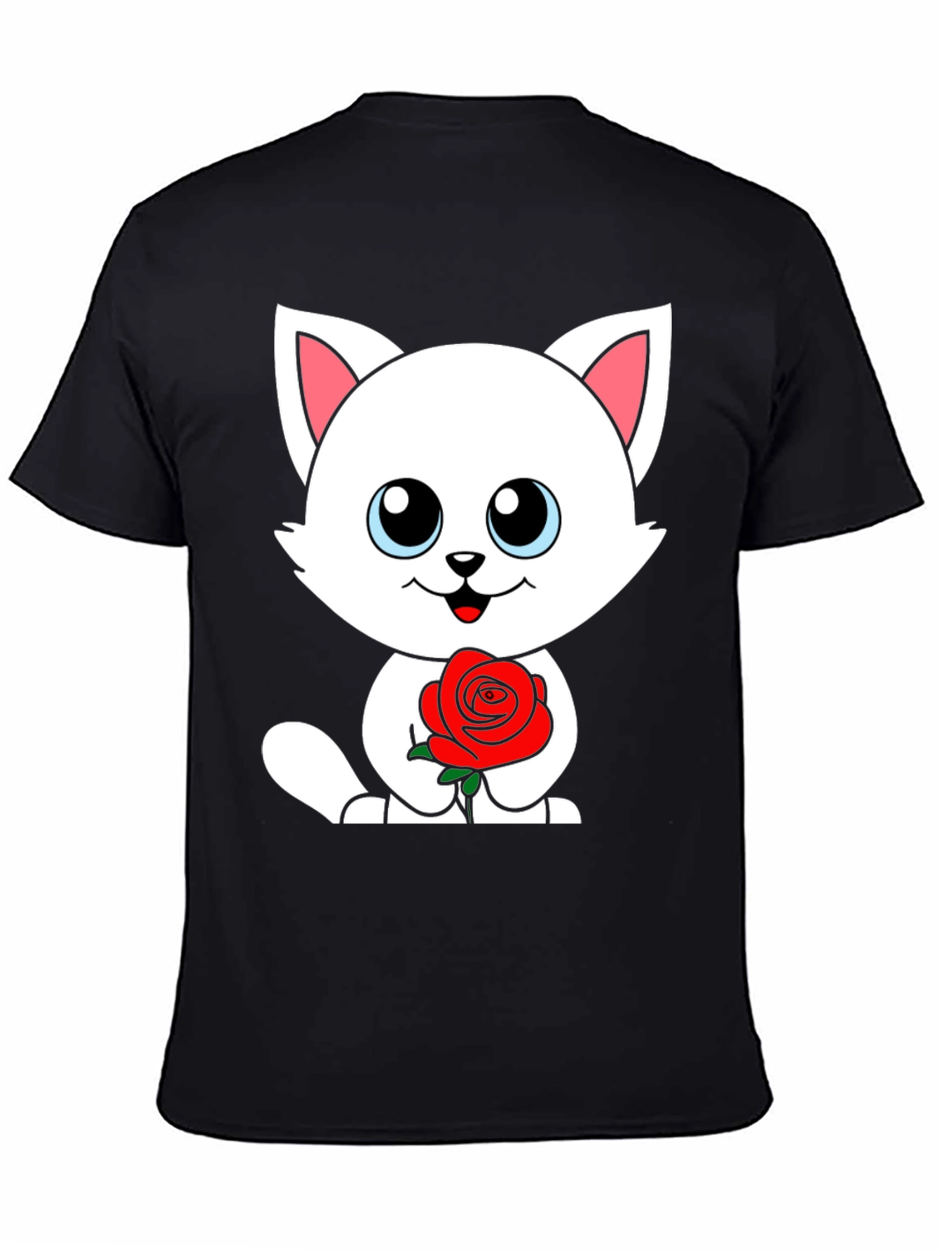 Cute Cat Rose Graphic Black T-Shirt