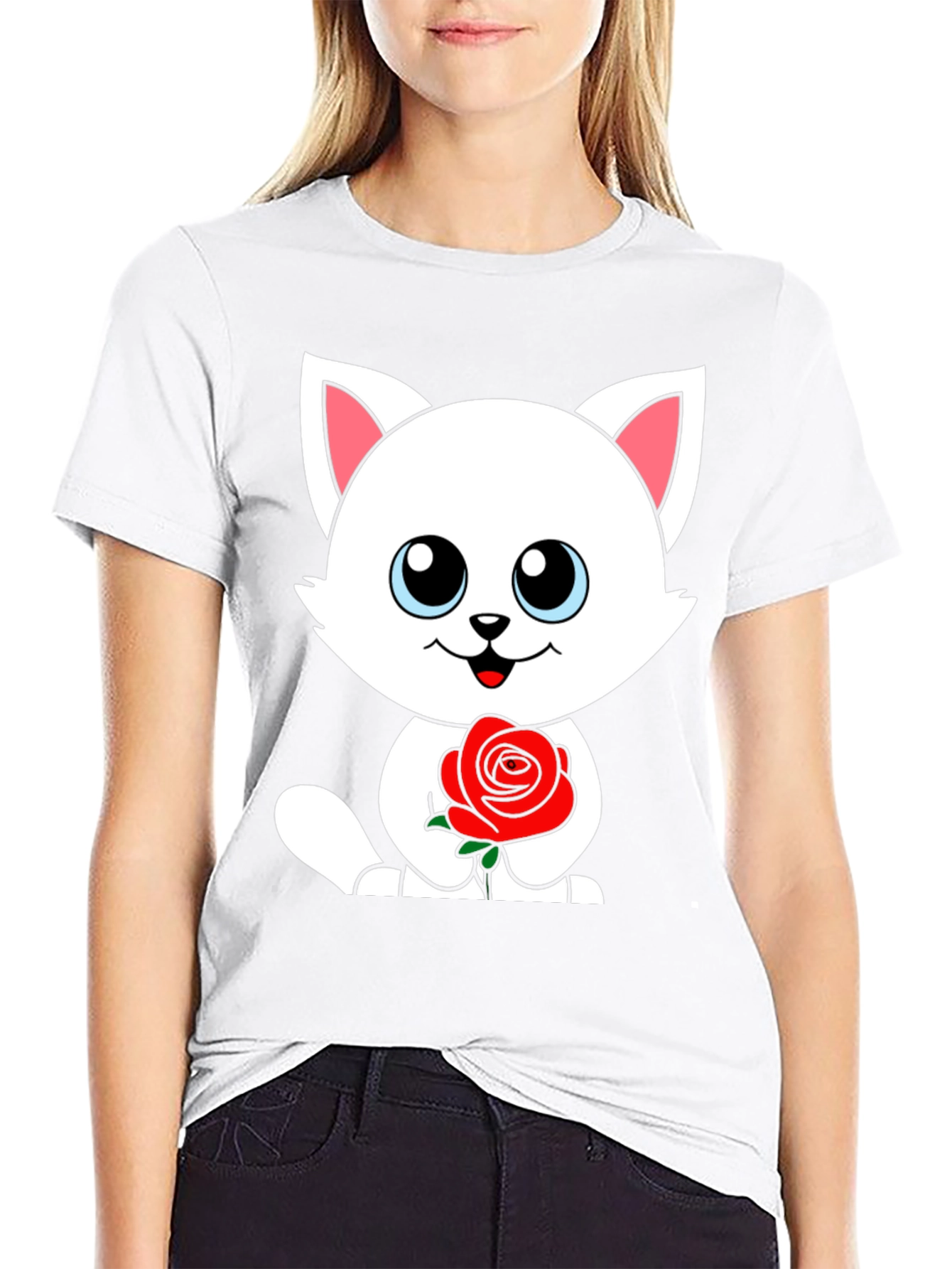Cute Cat Rose Graphic Black T-Shirt