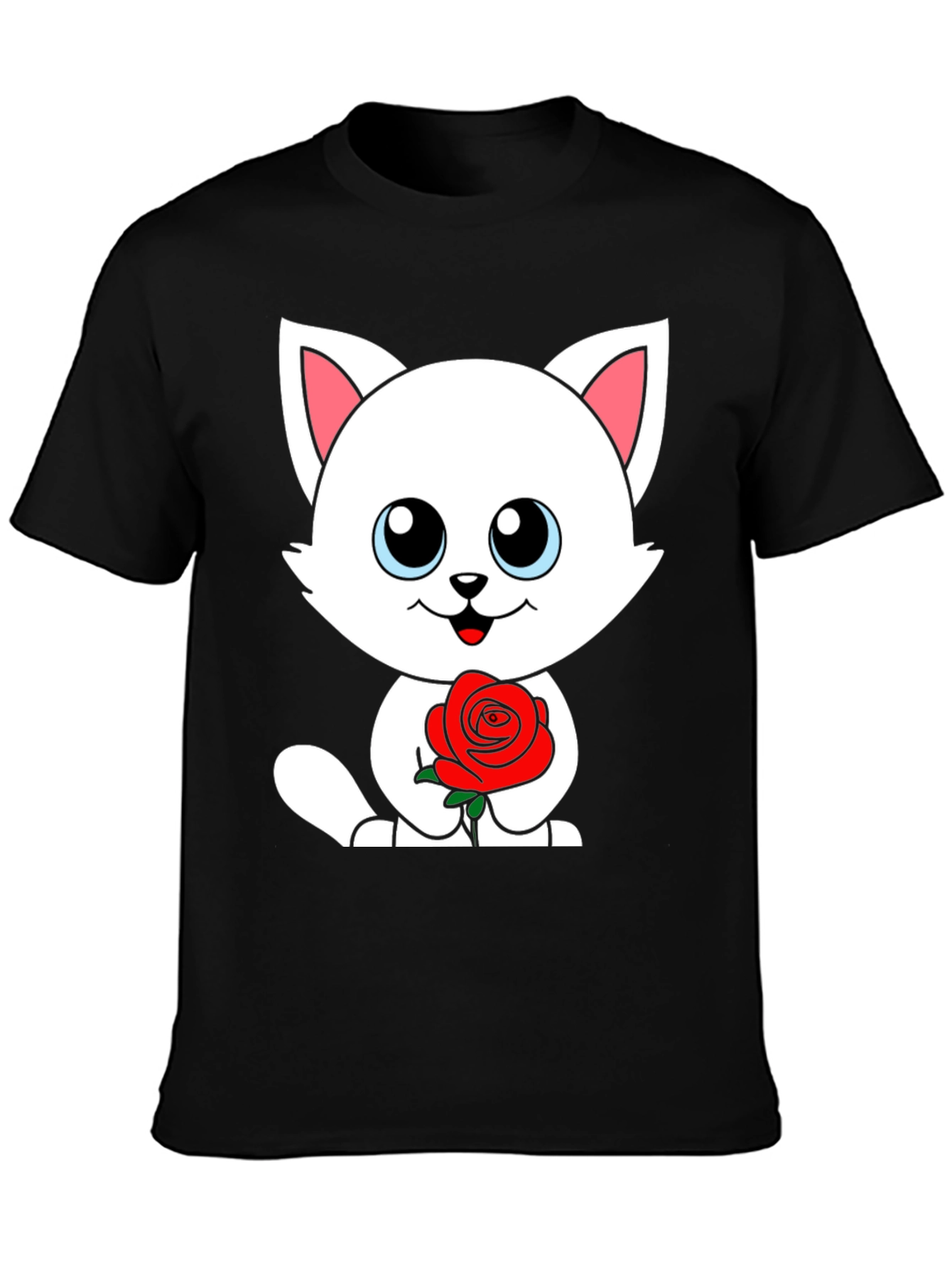 Cute Cat Rose Graphic Black T-Shirt