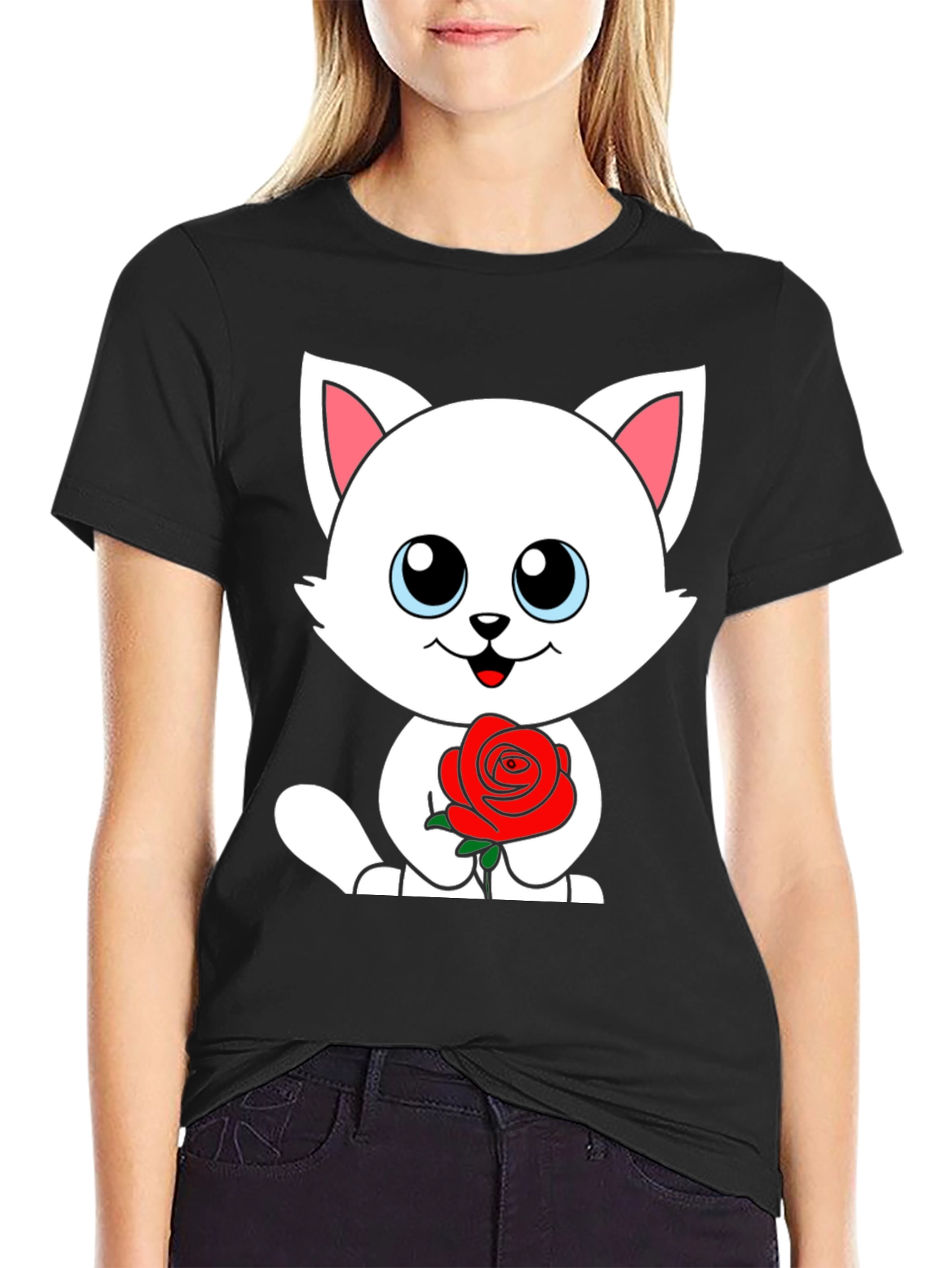 Cute Cat Rose Graphic Black T-Shirt