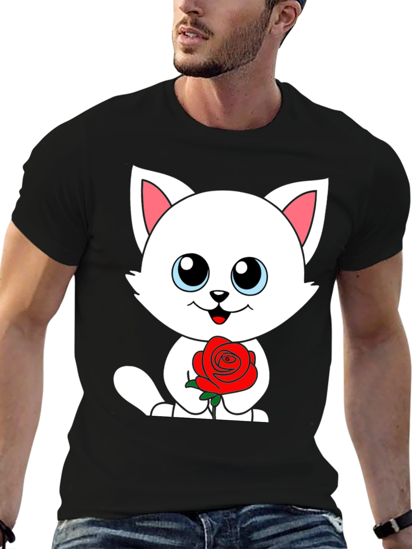 Cute Cat Rose Graphic Black T-Shirt
