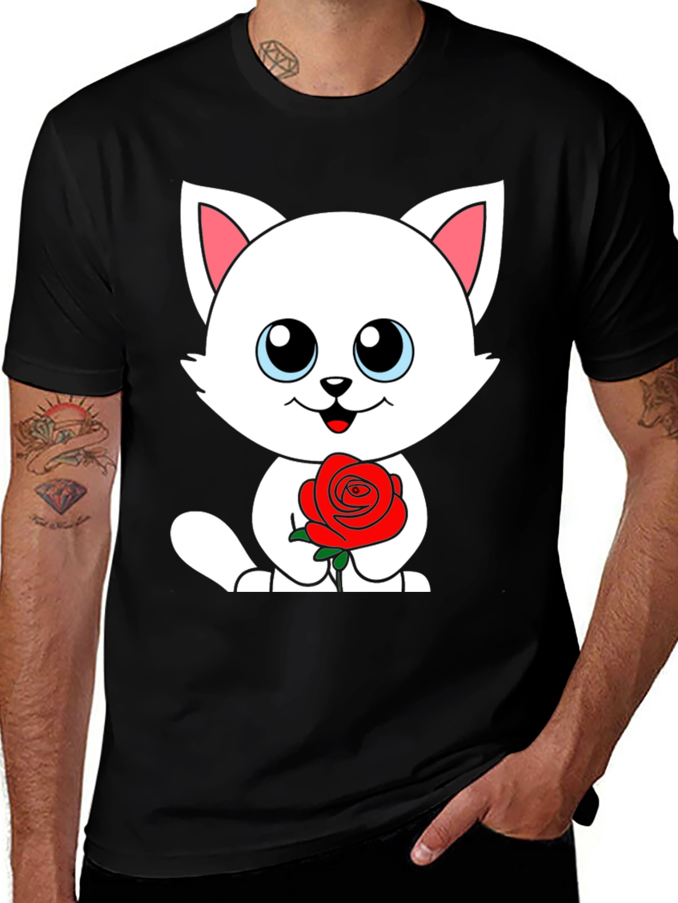 Cute Cat Rose Graphic Black T-Shirt