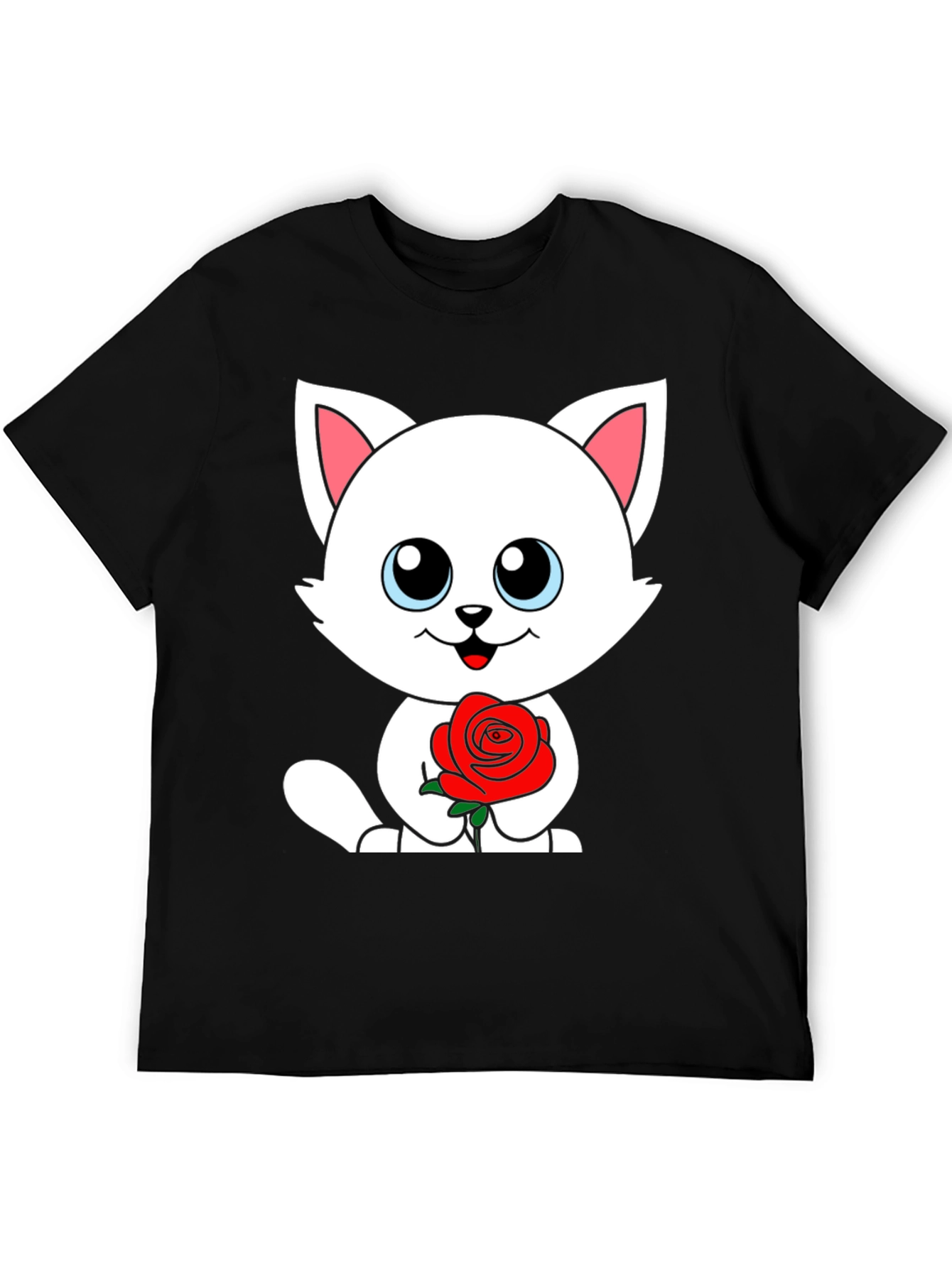 Cute Cat Rose Graphic Black T-Shirt