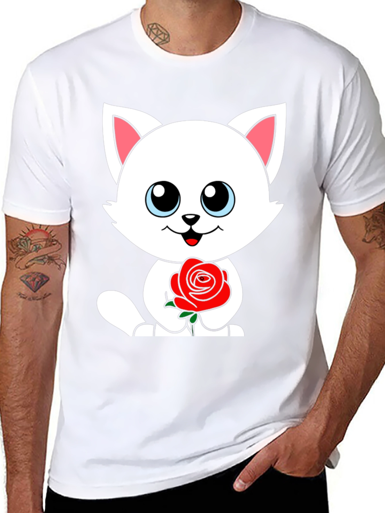 Cute Cat Rose Graphic Black T-Shirt