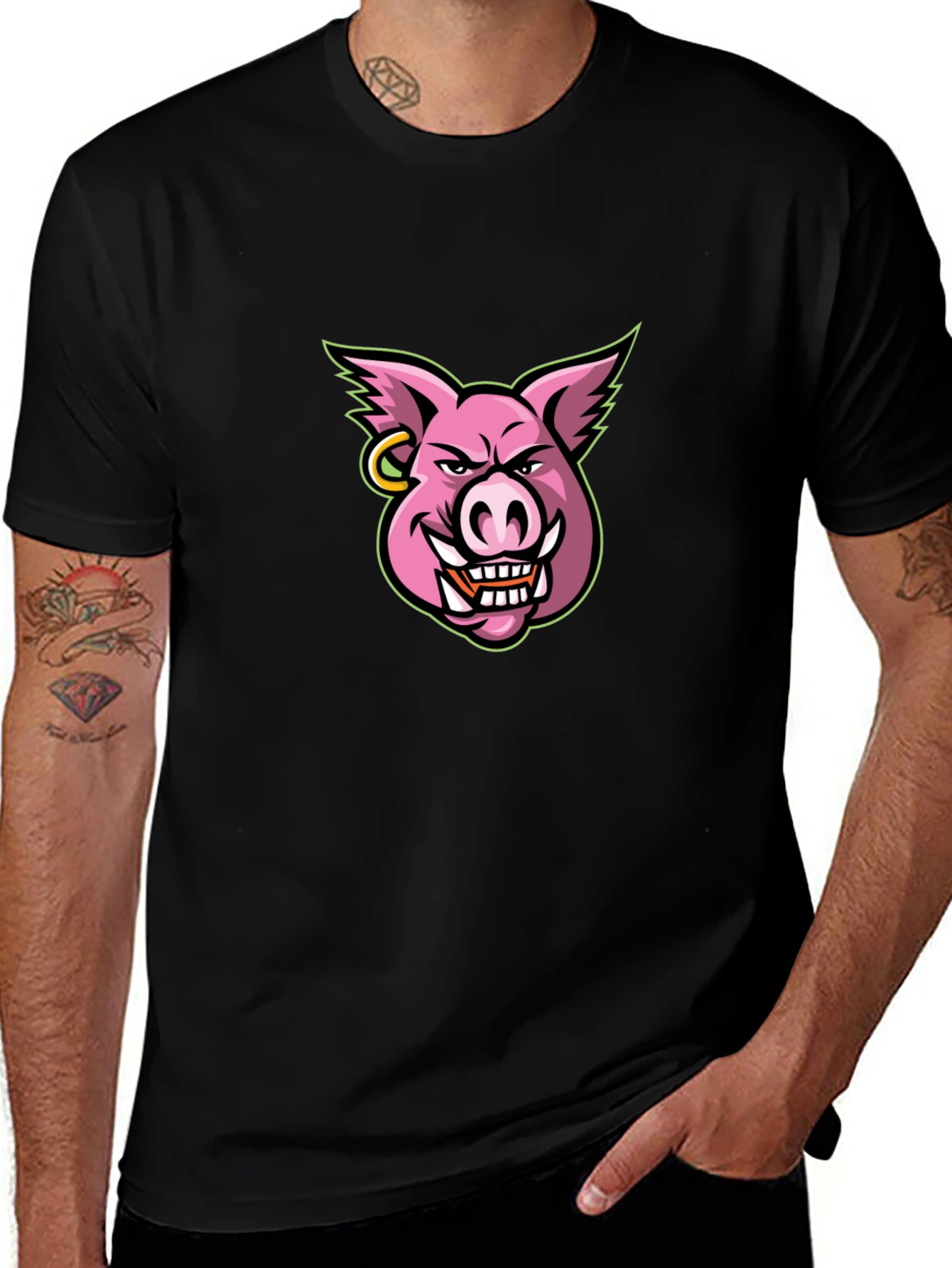 Mens Black T-shirt with Cartoon Pig Graphic