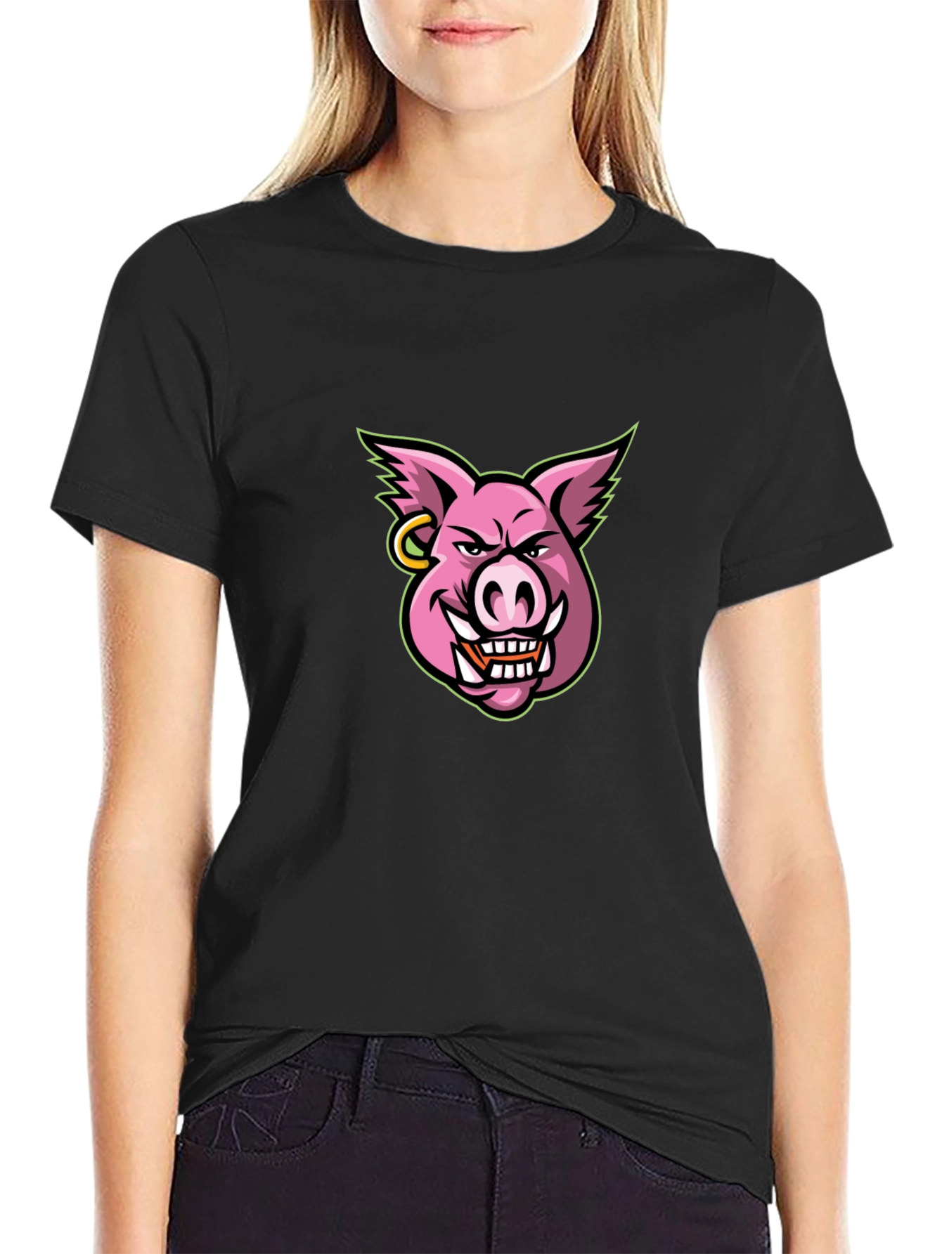 Mens Black T-shirt with Cartoon Pig Graphic